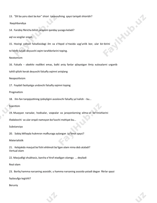 mavjudligi shubhasiz, barcha e’tirof etadigan olamga ... deyiladi real olam 23. borliq hamma narsaning asosidir, u hamma narsaning asosida yotadi degan fikrlar qaysi faylasufga tegishli? beruniy 24. borliq sezgilarimiz majmuasi degan fikrlar qaysi faylasufga tegishli? david yum 25. borliqni ob’ektiv reallik bilan materiya bilan aynan bir narsa deb tushuntiruvchi falsafiy oqimni toping ? materialistik 26. narsa va xodisalar o‘rtasidagi o‘xshash tomonlarini ifodalovchi tushuncha bu .... ayniyat 27. narsa va xodisalar o‘rtasidagi farqli tomonlarini ifodalovchi tushuncha bu .... tafovut 28. me’yor nima? miqdor va sifat birligi 29. sifat- bu ... narsalarning ichki va tashqi muayyanligi, narsa qanday bo‘lsa shundayligicha ko‘rsatib beradi. 30. olamdagi narsa va hodisalarning yagona takrorlanmas belgi va xususiyatlarini ifodalovchi kategoriya bu.... alohidalik 31. imkoniyat bu... yuzaga chiqmagan voqelik 32. muayyan sharoitda kelib chiqadigan voqea hodisaga .... deyiladi zaruriyat 33. biror hodisadan oldin kelib, uni vujudga keltiuvchi hodisaga ... deyiladi sabab 34. real mavjud bo‘lgan, yashab turgan narsa-hodisa ... …