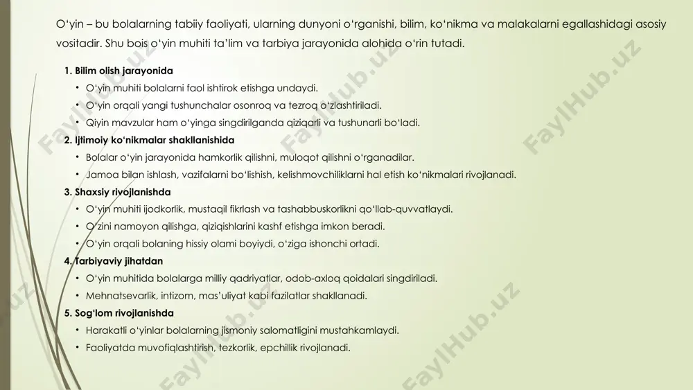 olishtirish kabi elementar matematik bilimlar shakllanadi. til boyligi kengayadi, so‘z boyligi, nutq madaniyati rivojlanadi. 2. ijtimoiy natijalar jamoada ishlash, o‘z fikrini bildirish va boshqalarning fikrini tinglash ko‘nikmalari rivojlanadi. hamkorlik, do‘stona munosabat, hurmat va sabr-toqat fazilatlari shakllanadi. kelishmovchiliklarni hal etish, navbat kutish, qoida va intizomga amal qilishni o‘rganadilar. 3. shaxsiy natijalar mustaqil qaror qabul qilish va tashabbuskorlik oshadi. o‘ziga ishonch ortadi, ijodiy tafakkur rivojlanadi. qiziqishlari aniqlanib, iste’dodlarini kashf etish imkoniyati paydo bo‘ladi. 4. hissiy va tarbiyaviy natijalar o‘yin orqali ijobiy kayfiyat hosil bo‘ladi, stress kamayadi. axloqiy sifatlar – halollik, tartiblilik, mehnatsevarlik singdiriladi. milliy qadriyatlar va madaniy an’analar o‘yinga qo‘shilganda, ularni amaliy o‘rganish imkoniyati yaratiladi. 5. jismoniy natijalar harakatli o‘yinlar orqali sog‘lom jismoniy rivojlanish ta’minlanadi. tezkorlik, chaqqonlik, muvozanatni saqlash va epchillik kabi fazilatlar rivojlanadi. xulosa: o'yin muhitini tashkil etish – kelajak avlodni shakllantirish rivojlantiruvchi markazlar bolalarning to'liq rivojlanishi uchun muhim platforma bo'lib xizmat qiladi. o'yin orqali o'qitish va o'rganish jarayonini uyg'unlashtirish - …