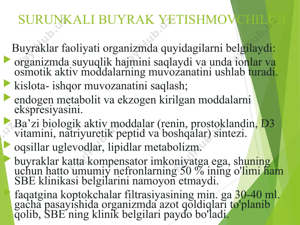 b, ekhimoz, qon talashlar va ichki qon ketishlar yuzaga chiqadi. asab tizimining zararlanishi. periferik polineyropatiyalar tez avj olib, u paresteziya, oyoqlarining “kuyish” kabilarda namoyon bo'ladi. keyinchalik esa mushaklarda bo'shashishi, mushaklar qo'llar titrog'i, oyoqlarda qaltirashlar, hotiraning susayishi, uyquning buzilishi, o'tkir psihoz, epileksiyasimon tutqanoqlar, kam rivojlanadi. klinikasi yurak- qon tomir va o'pkalarning zararlanishi. sbe ning eng ko'p uchraydigan belgisi bu arterial gipertoniya bo'lib, u “havfli”- ensefalopatiya, qaltroqlar hurujlari, ko'z tubiga qon quyilishi va ko'z nervining shishi bilan kechadi. sbe ning so'nggi bosqichlarida kardiomiopatiya rivojlanib, uning asosini yurakning zo'riqishi, gipertoniya gipervolimiya, anemiya, asidoz, elektrolitlar buzilishi tashkil etadi. klinik belgilari sifatida ritm buzilishlari va yurak yetishmovchiligi ko'rinishlari rivojlanadi. shuningdek, havfli asoratlardan biri sifatida gemorragik, perikardit (yurak tamponadasi, qon etishmovchiligiga sabab bo'ladi), o'pka shishi hisoblanadi. rentgenologik o'pka shishi “kapalak qanotlari” shaklida namoyon bo'ladi, bu o'pka ildizi tomirlarda qonning dimlanishini ko'rsatadi. klinikasi hazm qilish traktining buzilishi. deyarli hamma bemorlarda dispeptik gastroentrokolit (bazida qon ketishi mumkin) rivojlanadi. …