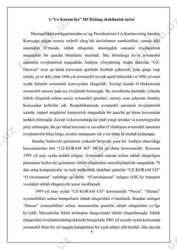 tegishli mulkka egalik qiladi. ular quyi ikki boʻg‘in orqali boshqaruvni olib boradilar. ular jamiyat kuzatuv kengashi va taftish komissiyasidir. bu ikki tomon bir-birining ishini toʻldirib boradi. jamiyat kuzatuv kengashi uzluksiz ravishda xoʻjalikning faoliyatini tahlil qilib boradi. yoʻl qoʻyilgan kamchiliklarni esa taftish komissiyasi aniqlaydi. taftish komissiyasi hech qaysi boʻg‘inni boshqarmaydi, oʻzi holi ravishda taftish natijalari pirovardida aktsiyadorlarning umumiy yig‘ilishiga hisob beradi. mas'uliyati cheklangan jamiyat shaklidagi qoʻshma korxonaning ijro organi jamiyat kuzatuv kengashining quyi boʻg‘ini boʻlib, u jamiyatda qabul qilingan qarorlar va normativlar hamda belgilangan vazifalarning bajarilishi ustidan nazorat qiladi. u oʻz navbatida bu ishlarni bosh direktori orqali amalga oshiradi. korxona bosh direktori jamiyatdagi barcha ishlab chiqarish va u bilan bog‘liq boʻlimlar nazoratini barcha departament boshliqlari orqali amalga oshiradi. korxonaning kuzatuv va boshqaruv hamda ishlab chiqarish boʻg‘inlari, shuningdek boʻlimlari juda ham aniq rejalashtirilgan. "uz-koram ko" mas'uliyati cheklangan jamiyati shaklidagi qoʻshma korxona boshqaruvi oʻziga xos tashkil etilgan. eng oliy boshqaruv organi aktsiyadorlar umumiy …