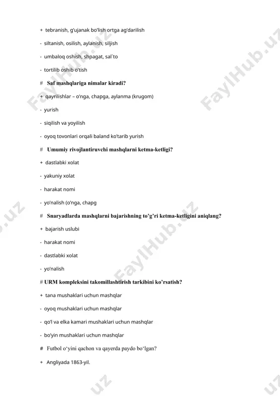 a? + 1956-yil - 1955-yil - 1957-yil - 1954-yil # futbol bo‘yicha birinchi jaxon chempionatida qaysi terma jamoalar faxrli 1-4 o‘rinni egallagan? + 1. urugvay 2. argentina 3. aqsh 4. yugoslaviya - 1. italiya 2. argentina 3. yugoslaviya 4. aqsh - 1. angliya 2. italiya 3. argentina 4. braziliya - 1.faransiya 2. urugvay 3. braziliya 4. rossiya. # futbol bo‘yicha birinchi evropa chempionatida qaysi terma jamoalar faxrli 1-4 o‘rinni egallagan? + 1. sssr 2.yugoslaviya 3. chexoslovakiya 4. frantsiya - 1. angliya 2. sssr 3. frantsiya 4. germaniya - 1. sssr 2. frantsiya 3. germaniya 4. yugoslaviya - 1. angliya 2. frantsiya 3. germaniya 4. sssr # futbol bo‘yicha xii osiyo o‘yinlari qachon va qayerda o‘tkazilgan hamda o‘zbekiston terma jamoasi finalda qaysi terma komanda bilan o‘ynab1 o‘rinni egalladi? + 1994 y. xirosimada xitoy terma komandasi - xirosimada eron terma komandasi - 1993-y. eronda xitoy terma komandasi - 1995-y. xirosimada eron terma …