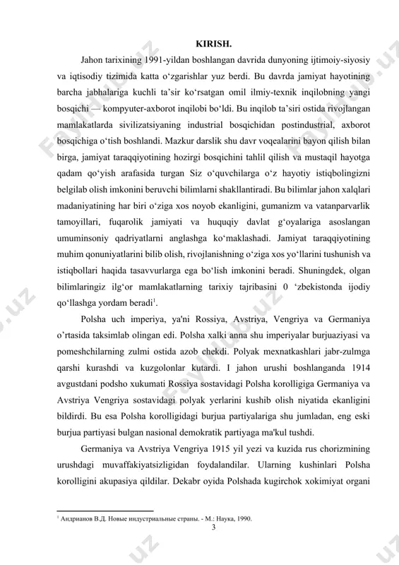 rossiya sostavidagi polsha korolligiga germaniya va avstriya vengriya sostavidagi polyak yerlarini kushib olish niyatida ekanligini bildirdi. bu esa polsha korolligidagi burjua partiyalariga shu jumladan, eng eski burjua partiyasi bulgan nasional demokratik partiyaga ma'kul tushdi. germaniya va avstriya vengriya 1915 yil yezi va kuzida rus chorizmining urushdagi muvaffakiyatsizligidan foydalandilar. ularning kushinlari polsha korolligini akupasiya qildilar. dekabr oyida polshada kugirchok xokimiyat organi murakkab davlat soveti tuzildi. 1916 yil noyabrida esa ilgari rossiya imperiyasi sostavida bulgan polyak yerlaridan iborat «mustakil» polsha davlati tashqil kilindi. urush polyak xalkiga juda katta zarar yetkazdi. xalk ommasi akupantlar tomonidan yanada kuprok talandi. ekonomika chukur krizisga uchradi. polyak xalki uzok yillar xorijiy davlat zulmi ostidan kolib kelganligi va urush okibatlari polshadagi axvolni va uning xususiyatlarini belgiladi. xamda sinfiy masalada 8da avtriya – venriya va germaniyada boshlanib ketgan revolyusiyalar avstriya bilar germaniyaning polshadagi okuppasiya tugatishda kata yerdam berdi va polsha yerlarida revolyusion kurashning kuchayishiga ta'sir kursatdi. oktabr revolyusiyasining galabasi …