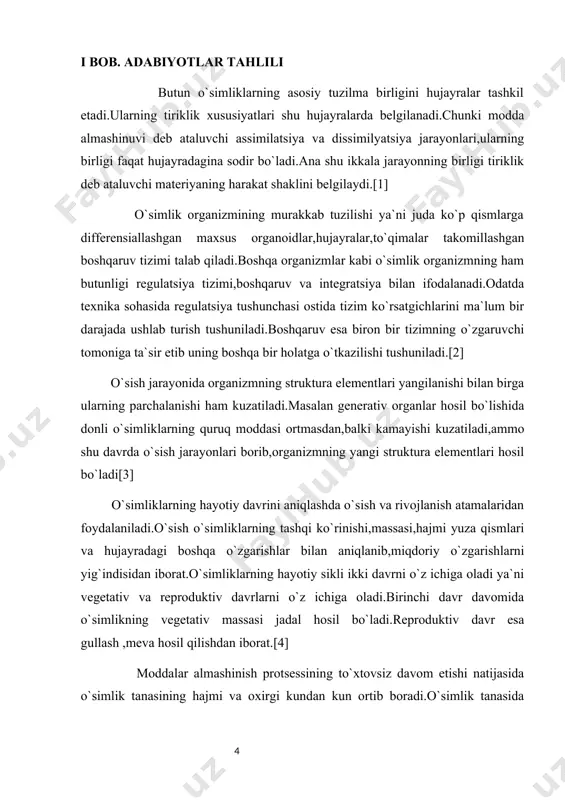 va h2o hosil bo`libgina qolmasdan balki ma`lum miqdorda energiya ham ajralib chiqadi.nafas olish jarayonida to`qima og`irligi kamayadi.[6] barcha yashil o`simliklar yorug`lik sharoitida o`sib,rivojlanadi.yorug`lik avval fotosintez jarayoni uchun zarurdir.bu jarayonning jadalligi suv bug`latish,oziqlanish,nafas olishj jarayonlarini muntazam amalga oshishini ta`minlaydi.[7] tabiatdagi o`simliklar tarkibidagi biologik faol moddalar har xil bo`lganligidan,bu o`simliklarga moslashgan mikroorganizmlargina ma`lum turdagi o`simlik tanasida tarqalishi yoki kasallantirishi mumkin.patogenning ma`lum turga mansub o`simlikda parazitlik qilish xususiyatlari evolutsion taraqqiyot jarayonida uzoq muddatlarda vujudga kelganligidan ularga filogenetik ixtisoslashuv deyiladi[8] har bir o`simlik hujayrasi tashqi tomondan qobig`i bilan o`ralgan.lekin qobiqsiz hujayralar ham kam bo`lsada uchraydi.bunday hujayralrni yuqori o`simliklarning jinsiy hujayralarida,rivojlanayotgan murtakning dastlabki davrida uchratish mumkin.bunday hujayralarni plazmalemma o`rab turadi.o`simlik hujayrasi ham o`sib rivojlanish jarayonida yangi qobiq hosil qiladi.bu qobiq protoplastning mahsuli bo`lib hisoblanadi.u har xil polisaxaridlardan tashkil topgan va mustahkam tuzilgan bo`lib,hujayra protoplastini o`rab himoya qilib turadi.hujayraning shakli shu hujayra qobig`iga bog`liq.[9] o`simlik hujayrasi nihoyat pishiq tuzilishga ega bo`lgan postga ega.shuning uchun ham o`simlik …