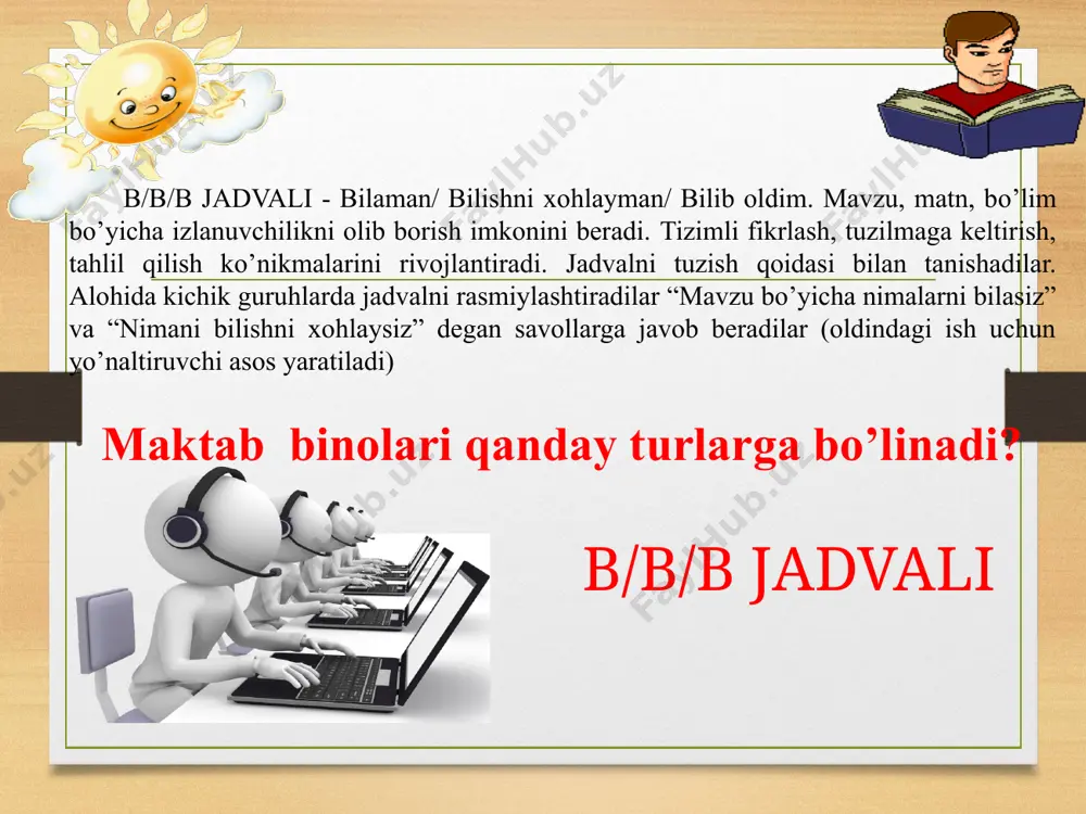 a’lim maktabi maktab majmuasi 4 8 13 18 22 33 44 33+33 180 360 504 704 864 1296 1728 2592 1000gacha 2500 3000 4000 5000 9000 12000 18000 2- rasm. maktab xonalari va ular orasidagi funktsional bog’lanish sxemasi. 1-vestibul, 2-ma’muriy xonalar, 3-madaniy-ommaviy xonalar, 4-oshxona, 5-sport xonalari, 6-sinf xonalari, 7-o’quv ustaxonalari, 8- fan kabinetlari va laboratoriyalar. 3- rasm. 4 sinfli o’quv sektsiyasi. 1- sinf xonalari, 2- rekreatsiya xonasi, 3- sanitariya tuguni. sinf xonalari, fan kabinetlari va laboratoriyalar maktab binosining asosiy xonalari hisoblanadi. sinf xonalari odatda boshlang’ich sinflar uchun mo’ljallangan bo’lib, boshlang’ich sinflar o’quv sektsiyasiga birlashadi. sinf xonasi 40 o’quvchiga mo’ljallangan. har bir o’quvchiga sinf xonasining sathi 1,25 m2 hisobida olinadi. hozirgi davrda loyihalashda o’quv xonalarining 3 xil turi qo’llaniladi: bo’ylama sinf xonasi. tashqi devor bo’ylab uzunasiga joylashgan. tomonlari o’lchami 9 x 6 metr atrofida. kvadrat shaklidagi sinf xonasi. o’lchamlari kvadrat shakliga yaqin bo’lib, 7,2 x 8 metr atrofida (5-rasm). ko’ndalang sinf …