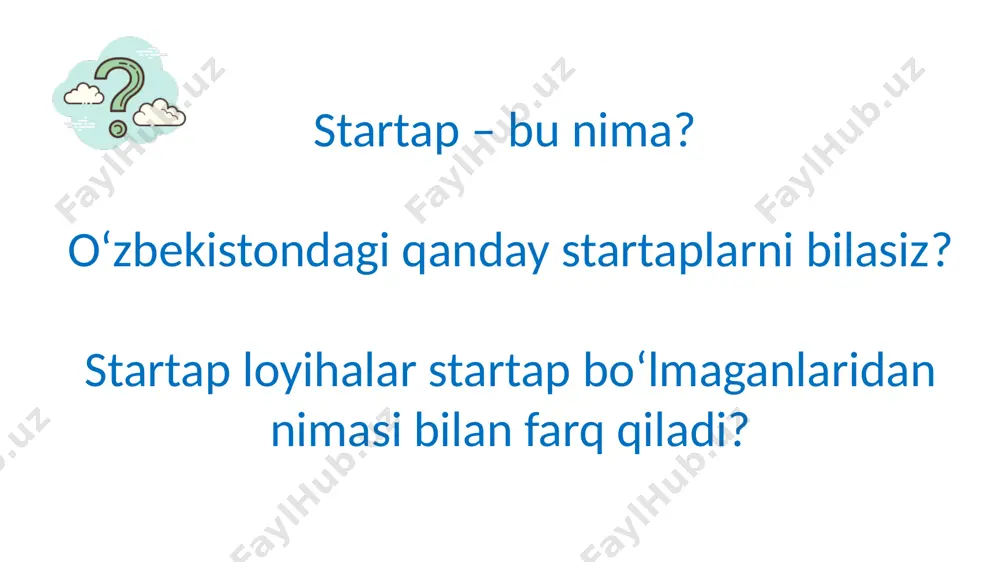ning asosiy a'zolari, tajriba va malakalari, rivojlanish rejalari startapni to'g'ri taqdim etish 20 loyiha ushbu muammoni qanday yo’l bilan hal qiladi? ko’rgazmali tasvir (loyihaning mohiyatini anglatuvchi asosiy rasm) loyihaning mohiyati haqida 2 ta jumlagacha qisqacha matn (concept pitch) taklif etilayotgan xizmatning 3-4 asosiy jihatlari siz o’z fikrlaringizni yorqin va manfaatli ko'rinishda taqdim etishingiz uchun ixtirochilik, topqirlik va ijodiy jihatlaringizni namoyish qilishingiz lozim. 21 yechim asosiy raqobatchilarni va ulardan farqlaringizni tasvirlab bering hech kimni qoralamang! "innovatsion", “noyob" va “analogi mavjud emas" so'zlarini unuting sizning mahsulotingizda raqobatchilar bo’lmasligi mumkin emas agar bevosita yoki bilvosita raqobatchilar bo'lmasa, unda talab ham mavjud bo’lmasligi mumkin eng kami: asosiy raqobatchilarning logotiplari va qisqa ta’riflari yoki nomlari eng ko’pi: jadval ko'rinishidagi qiyosiy tahlil 22 raqobatchilar va sizning farqingiz o‘zbekiston respublikasi vazirlar mahkamasining “ilmiy-tadqiqot va innovatsion faoliyatni rivojlantirishning normativ-huquqiy bazasini yanada takomillashtirish chora-tadbirlari to‘g‘risida”gi 133-sonli qarori ilmiy-texnik kengash — ilmiy izlanishlarning asosiy yo‘nalishlari bo‘yicha buyurtmachining ilmiy siyosatini amalga …