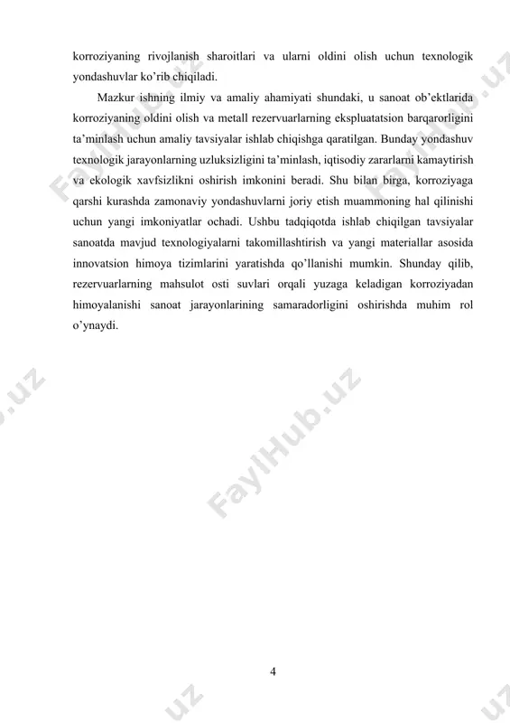 anoat jarayonlarining samaradorligini oshirishda muhim rol o’ynaydi. i. asosiy qism 1.1. gorizontal rezervuarlarning tuzilishi va ekspluatatsion xususiyatlari gorizontal rezervuarlarning tuzilishi va ekspluatatsion xususiyatlari ularning ishlatilish maqsadiga va saqlanayotgan suyuqlikning fizik-kimyoviy xususiyatlariga qarab belgilanadi. ushbu rezervuarlar neft mahsulotlari, kimyoviy moddalar, texnik suyuqliklar va boshqa mahsulotlarni saqlash uchun keng qo’llaniladi. ularning asosiy konstruktsiyasi metaldan tayyorlangan qobiq, tom qismi, tayanch qismlar, kirish-chiqish quvurlari tizimi va qo’shimcha texnologik elementlardan iborat. bunday rezervuarlarning shakli odatda silindrsimon bo’lib, bu geometrik shakl ichki bosimni teng taqsimlash va yuklanishni barqaror ushlab turish uchun maqbul hisoblanadi. rezervuarlarning tashqi va ichki yuzalari, ularning korroziyaga chidamliligini oshirish uchun maxsus qoplamalar bilan qoplanadi, bu esa ularning ekspluatatsion muddatini sezilarli darajada uzaytiradi. rezervuarlarning metall korpusi yuqori mustahkamlikka ega uglerodli yoki qotishma po’latdan ishlab chiqariladi. metallning mustahkamligi va qalinligi rezervuar ichidagi bosim va saqlanayotgan suyuqlikning agressivligiga mos ravishda tanlanadi. ichki devorlarda odatda maxsus korroziyaga qarshi himoya qoplamalari qo’llaniladi, bu qoplamalar suyuqliklarning metallga bevosita ta’sirini …