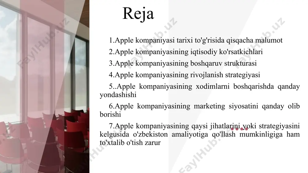 russia” menejerlari fikriga koʻra ushbu mavsumda rossiyada 240 ming dona ipod audio pleyerlari sotilgan. yangi kompaniyaga nom tanlash uchun uch oy intilishlardan soʻng , kompaniya asoschilaridan biri steve jobs oʻz hamkasblariga shunday ultimatum qoʻyadi:”men kompaniyani “apple” (oʻzbekcha: „“olma”“) deb nomlayman, agar siz soat beshgacha yahshiroq nom topmasangiz” apple oʻzining mustaqil xizmat koʻrsatish markazlari dasturini (irp) 200 dan ortiq mamlakatlarda, shu jumladan, oʻzbekistonda ham ishga tushiradi. dastur bosqichma-bosqich kengaytiriladi — oʻzbekiston esa ikkinchi bosqichda qamrab olinadi. mamlakatdagi xizmat koʻrsatish markazlari 2021-yilning oxirida irp sifatida roʻyxatdan oʻtish uchun ariza berishi mumkin boʻladi[2]. 9 f a o l i y a t k o’ r s a t k i ch l a r i 10 kaliforniyada steve jobs va steve wozniak tomonidan asos solingan. 1970-yilning oʻrtalarida ular “motorola 6502” prosessori bazasida birinchi shaxsiy kompyuterni ishlab chiqishadi. oʻnlab shunday kompyuterlarni sotib, yosh tadbirkorlar moliyaviy daramod olishdi va 1 aprel 1976-yil da kompaniyasini rasmiy …