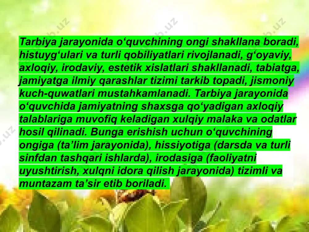tizimdagi o‘zgarishlarga yo‘naltirilgan va tendensiyalarini ta’min­lovchi takrorlanib turuvchi ichki bog‘lanishlardir. qonun mazmuniga ko‘ra o‘zaro aloqadorlikni ifodalaydi. qonun jarayon tomonlarini, hodisalar orasidagi obyektiv, mavjud aloqalarni aniqlash sifatida namoyon bo‘ladi. g‘oyaviy-siyosiy tarbiyani tashkil etish jarayonida – o‘quvchilarga siyosiy bilimlarni berish, o‘zbekiston respublikasi konstitutsiyasi, fuqarolik jamiyati asoslari, milliy davlat tuzilishi, davlat organlari faoliyati, shuningdek, o‘zbekiston respublikasining ichki va tashqi siyosati mazmunini o‘rganishni ta’minlash asosida o‘quvchilarda siyosiy faoliyat ko‘nikma va malakalarini tarkib toptirish, siyosiy madaniyatni shakllantirish va hokazolar. e’tiboringiz uchun tashakkur. image2.jpeg image3.png image4.png image5.png image6.png image7.jpeg image8.png image9.png image10.png image11.png image12.png image13.png image14.jpeg image15.jpeg image1.jpeg