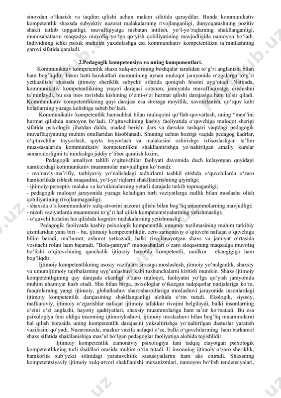 rakatlarning o‘zlashtirilishini nazarda tutadi. shuningdek, kompetentsiya mutaxasislik bilimlarini doimo boyitib borishni, yangi axborotlarni o‘rganishni, eng muhimi, ilmiy ma’lumotlarni izlab topish, ularni qayta ishlash va o‘z faoliyatida qo‘llay bilishni taqozo etadi. mutaxassislarning psixologik kompetentligi masalasini tadqiq etishga keying paytlarda qiziqish ancha kuchayib bormoqda. bu borada qarashlar, fikr-mulohazalrning turli-tumanligi mazkur muammo xususida hozircha tizimlashtirilgan, yagona kontseptual model yaratishga imkon bermayapdi. o‘qituvchining kasbiy pedagogik faoliyati “o‘qituvchi-o‘quvchi” o‘zaro aloqasi negizida olib boriladi, aynan shu jarayonda ta’limiy, tarbiyaviy, korreksion, rivojlantiruvchi va shakllantiruvchi maqsadlar amalga oshiriladi. shuning uchun o‘qituvchi kasbiy-psixologik kompetentligini o‘rganishda, eng avvalo, kommunikativ (muloqot) kompetentlikka e’tibor qaratilgani maqsadga muvofiqdir. zamonaviy psixologiya kommunikativ kompetentlik va uning tarkib topish shart-sharoitlari, omillarini o‘rganishga nisbatan bir necha yondashuvlar mavjud. masalan, bixeviorestik yo‘nalish vakillari kommunikativ kompetentlikni shaxsning muayyan vaziyatlarda maqsadga muvofiq xulq-atvor shaklini namoyon qilish, vaziyatni oqilona baholash va shunga mos tarzda faoliyat yurtish ko‘nikmalarini egallaganligi bilan belgilaydilar. kognitiv psixologiya yo‘nalishi tarafdorlari esa kommunikativ kompetentlik subyektning kognitiv (aqliy) sohasi …