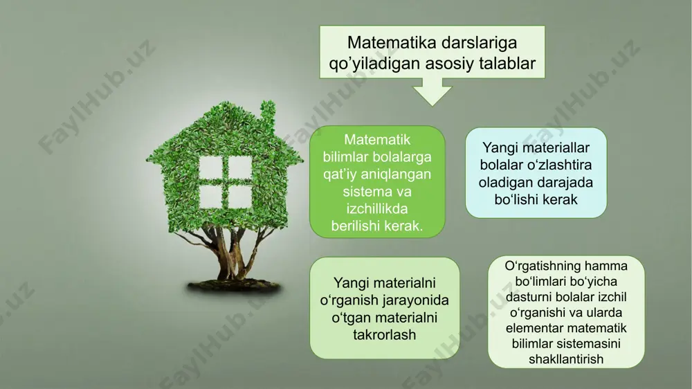 rilgan sonlar va izlanayotgan sonni ajratib ko’rsatishlari, berilgan sonlar va izlanayotgan son orasidagi bog’lanishni aniqlashlari va buning asosida tegishli arifmetik amalni tanlashlari kerak. masalaning yechilishi masalaning yechilishi bu yechim plani tuzilayotganda tanlangan arifmetik amallarni bajarish demakdir. bunda har bir amalni bajara turib nimani topayotganimizni tushuntirish shart. masalaning yechimini tekshirish masalani yechimini tekshirish degan yechim to’g’ri yoki noto’g’riligini aniqlash demakdir. matematika darslarida o’quvchilarga juft va toq sonlarni o’tayotganimizda mana bu o’yindan foydalansak bo’ladi: timeline style bolalarga sanashni uy hayvonlari orqali ham o’rgatsak bo’ladi. bu o’yindan qo’shish va ayirish darslarida foydalansak qo’l keladi. e’tiboringiz uchun rahmat! image11.webp image12.jpg image10.jpg image1.jpg image13.jpg image14.jpg image15.jpg image16.jpg image17.png image18.jpg image19.jpg image20.jpg image21.jpg image22.png image23.png image24.png image25.png image5.jpg math kids /docprops/thumbnail.jpeg