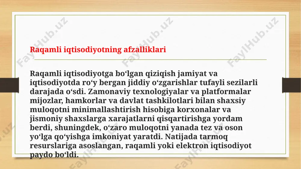 risida noyob axborotlar aylanmasi shunchalik ko‘p, milliy iqtisodiyotlar ichida axborot trafigi esa shu qadar salmoqli bo‘ladi. shu bois ishtirokchilar soni ko‘p va it xizmatlar keng tarqalgan bozorlarda raqamli iqtisodiyot jadal sur’atlarda rivojlanadi. ayniqsa, bu – transport, savdo, logistika va shu singari internet bilan faol ishlovchi sohalarga cheksiz qulayliklar yaratadi. ayrim tadqiqotchilarning fikriga ko‘ra, ularda elektron segmentning ulushi yaimning 10 foiziga yaqinlashib, 4 foiz aholi bandligini ta’minlaydi. eng ahamiyatlisi, bu ko‘rsatkichlar barqaror tarzda o‘sib boradi. raqamli iqtisodiyot ko‘z o‘ngimizda yaralmoqda hozir butun dunyo bo‘ylab yangi servislar va biznes modellarni yaratish uchun it instrumentlardan foydalanadigan eski va yangi kompaniyalar aksariyat sohalarda yetakchi bo‘lgan kompaniyalarga kuchli raqobat tug‘dirmoqda. prognozlarga ko‘ra, yaqin yillarda makroiqtisodiyot «lean production», addiktiv, nano va biotexnologiya mezonlariga tayanadigan ishlab chiqaruvchilarga qattiq bog‘liq bo‘lishi kutilmoqda. shu munosabat bilan oqilona boshqaruv uchun zarur hisoblangan axborot ko‘lami ham ortib boradi, ishlab chiqarish va fuqarolar muloqoti, biznes va davlat organlarini boshqarish tuzilmasi esa jiddiy …