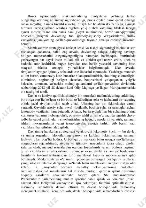 iyosat ortida qolmasligi kerak, ya’ni iqtisodiyot siyosatdan ustun bo’lishi kerak. shuningdek, ichki, tashqi va iqtisodiy munosabatlarni mafkuradan holi etishni ta’minlash zarur; ikkinchidan, o’tish davrida davlat asosiy islohotchi bo’lishi lozim. u islohotlarning ustuvor yo’nalishlarini belgilab berishi, o’zgarishlar siyosatini ishlab chiqishi va uni izchillik bilan amalga oshirishi shart; uchinchidan, qonun ustuvorligiga erishish, qonunlarga qat’iy rioya etish lozim. buning ma’nosi shuki, demokratik yo’l bilan qabul qilingan yangi konstitutsiya va qonunlarni barcha hech istisnosiz hurmat qilishi va ularga og’ishmay rioya etishi lozim; to’rtinchidan, aholining demografik tarkibini hisobga olgan holda kuchli ijtimoiy siyosat o’tkazish kerak. beshinchidan, bozor iqtisodiyotiga o’tish iqtisodiyotning ob’ektiv qonun-larini e’tiborga olib, yaqin o’tmishdagi “inqilobiy sakrashlar”siz, ya’ni evolyutsion yo’l bilan puxta o’ylab, bosqichma-bosqich amalga oshirilishi kerak. bozor iqtisodiyotini shakllantirishning evolyutsiya yo’lining tanlab olinganligi o’zining an’anaviy og’ir-bosiqligi, puxta o’ylab qaror qabul qilishga ruhan moyilligi hamda tinchliksevarligi tufayli bir holatdan ikkinchisiga, ayniqsa turmush tarzida, sakrab o’tishga rag’bati yo’q o’zbek xalqining fikrlash tarziga aynan mosdir. yana …