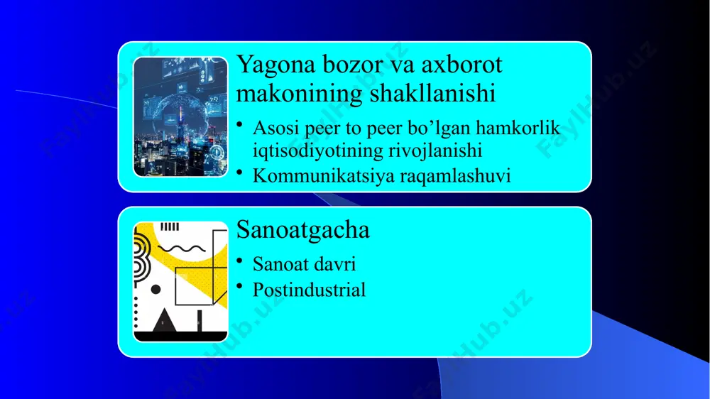 chiqarish va sotish bo‘yicha iqtisodiy faoliyat turlari bilan ajralib turadi; • real vaqt rejimida tarmoqlar va aktdan foydalanishga asoslanadigan ijtimoiy-iqtisodiy va tashkiliy texnik munosabatlar yig‘indisi; • haqiqiy iqtisodiyotni to‘ldiruvchi texnika, dasturiy ta’minot, infratuzilma kabi elementlarning murakkab kombinasiyasi raqamli platformalar raqamli platformalar, internet orqali axborotni ulashish va muammolarni hal qilish uchun yaratilgan texnologik asoslar bo'lib, biror xizmat yoki mahsulotni taklif etish, mijozlar bilan aloqada bo'lish, hamkorlik qilish yoki mijozlarni jalb qilishga imkon beradi. raqamli platformalar ko'p turdagi foydalanuvchilar, shu jumladan mijozlar, xodimlar, tashkilotlar va jamoalar orasida muloqotni ta'minlaydi. big data si, blokcheyn iot bulutli texnologiyalar raqamli platforma ekotizim( raqamli iqtisodiyot platformasi uch darajali aloqa tizimi raqamli texnogiyalar raqamli texnologiyalar konvergensiyasi raqamli platformalar va foydalanuvchilar o’rtasida hamkorlik shakli va muhit raqamli platformalar bu – mavjud xizmatlar to‘plamiga buyumlar interneti va foydalanuvchilar, ko‘p sonli boshqa platformalar kirishini ta’minlash uchun ochiq interfeysga ega axborot tizimlaridir. raqamli iqtisodiyot ekotizimlari bu – yangi texnologik mahsulotlarni yaratish …