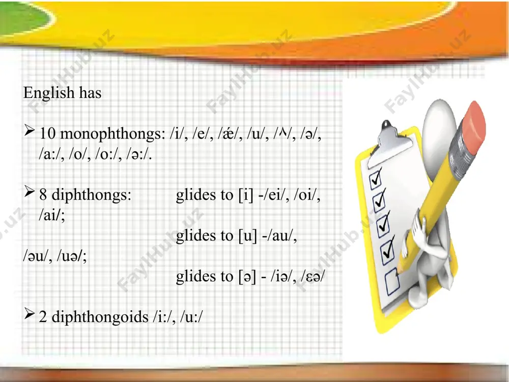 ified according to the articulatory and acoustic features. the general phonetic principles of classification of consonants in compared languages are as follows: the place of articulation the manner of production; the presence or absence of voice; the position of the soft palate; similarity and differences between them can be seen in the tables below: the place of articulation english uzbek russian bilabial labial labial labiodentals lingual labial-dental dental glottal foredental alveolar dental postalveolar palatal velar uvular pharyngeal glottal retroflex the manner of production english uzbek russian 1. occlusive explosive fricative: a) middle fricative b) side fricative 2. constrictive (fricative) affricates occlusive: a) explosive b) affricates c) implosive d) nasal 3. occlusive-constrictive (affricates) implosive vibrant 4. rolled nasal 5. vibrant the presence or absence of voice english uzbek russian voiced voiced voiced voiceless voiceless voiceless the position of the soft palate english uzbek russian sonorant sonorant sonorant noise consonants noise consonants …