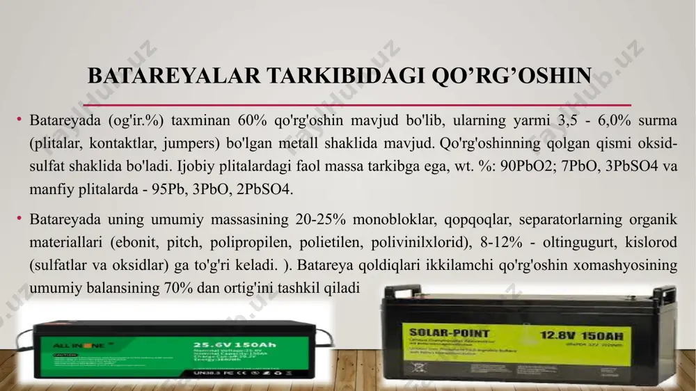 hlaki va koks bilan aralashtiriladi. aralash namlanadi va granulalanadi, so'ngra yondiriladi. ilovaga ko'ra , ishlatilgan batareyalar maydalanadi, suv bilan birga bikarbonat yoki gidroksidi metall gidroksid qo'shiladi. aralash quritiladi, ekranda ajratiladi. mahsulot uglerod bilan aralashtiriladi va eritish uchun zaryad hosil qilish uchun granullanadi. suv bilan birga bikarbonat yoki gidroksidi metall gidroksidi qo'shing. aralash quritiladi, ekranda ajratiladi. mahsulot uglerod bilan aralashtiriladi va eritish uchun zaryad hosil qilish uchun granullanadi. suv bilan birga bikarbonat yoki gidroksidi metall gidroksidi qo'shing. aralash quritiladi, ekranda ajratiladi. mahsulot uglerod bilan aralashtiriladi va eritish uchun zaryad hosil qilish uchun granullanadi. milya pechining ishlashi milya pechining ish joyini shartli ravishda balandligi bo'yicha besh zonaga bo'lish mumkin. yuqori zona 673 ... 873 k harorat bilan tavsiflanadi, harorat ta'sirida zaryad qiziydi, namlik bug'lanadi, uglerod oksidi va batareya qoldiqlarining organik qismidan uchuvchi moddalarning bir qismi yuqorida yondiriladi. zaryad yuzasi. ikkinchi zonada 873...1273 k haroratda koksning yonishi boshlanadi, zaryadning yanada qizishi davom etadi, …