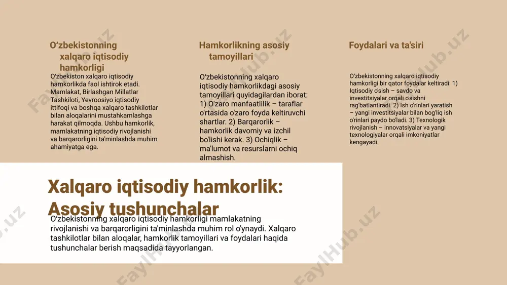 otlardagi o‘rni o‘zbekiston respublikasi xalqaro tashkilotlarda faol ishtirok etib, global muammolarni hal qilishda o‘zining o‘rnini aniq belgilab olmoqda. tashkilotlarda kooperatsiya qilish orqali mamlakatning iqtisodiy, siyosiy va ijtimoiy rivojlanishiga hissa qo‘shmoqda. xalqaro tashkilotlarga aʼzo bo‘lish jarayoni o‘zbekiston bir qator xalqaro tashkilotlarga aʼzo bo‘lish jarayonini muvaffaqiyatli amalga oshirdi. bu jarayon mamlakatning xalqaro miqyosda tan olinishi va o‘zaro hamkorlikni rivojlantirish uchun muhim ahamiyatga ega. o‘zbekistonning xalqaro hamkorlikdagi hissasi o‘zbekiston bmt, shht va iqtisodiy hamkorlik tashkiloti kabi xalqaro tashkilotlarda faol ishtirok etib, tinchlik va xavfsizlikni taʼminlashda muhim rol o‘ynaydi, iqtisodiy hamkorlikni kuchaytiradi. o‘zbekistonning xalqaro tashkilotlardagi roli o‘zbekiston respublikasi xalqaro tashkilotlarda faol ishtirok etib, global muammolarni hal qilishda o‘zining o‘rnini aniq belgilab olmoqda. tashkilotlarda kooperatsiya qilish orqali mamlakatning iqtisodiy, siyosiy va ijtimoiy rivojlanishiga hissa qo‘shmoqda. o‘zbekiston bir qator xalqaro tashkilotlarga aʼzo bo‘lish jarayonini muvaffaqiyatli amalga oshirdi. bu jarayon mamlakatning xalqaro miqyosda tan olinishi va o‘zaro hamkorlikni rivojlantirish uchun muhim ahamiyatga ega. o‘zbekiston bmt, shht va …