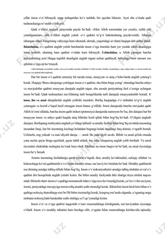 mumkin. huquqshunoslar tilida "jismoniy shaxs" va "huquqiy (yuridik) shaxs" tushunchalari mavjud. xuddi shunga monand ma’naviyat nuqtai nazaridan ham shaxs tushunchasi ikki holatni ko‘zda tutadi. birinchisi, biz har bir insonga shaxs sifatida yondoshuvimiz zarurati. chunki har bir insonning shaxs bo‘lish imkoniyati bor. bu imkoniyat unga yaralishdan xoliqi olam tomonidan berilgan. shundan kelib chiqib, biz har bir insonga shaxs deb qarashimiz joiz, zohiriy ko‘z bilan boqib, undan xatolar izlashimiz, unda ma’naviy noqislik ko‘rishimiz inson odobiga, ma’naviyat talablariga xilofdir. ba’zan dilidagi yashirin xazinani necha yillar inson o‘zi bilmaydi, unga tashqaridan ko‘z tashlab, biz qaydan bilamiz. ayni shu o‘rinda qadr tushunchasiga to‘xtalib o‘tish joiz. qadr o‘zlikni anglash jarayonida paydo bo‘ladi. «men alloh tomonidan yer yuzida, xalifa etib yaratilganman», deb o‘zlikni anglab yetish -o‘z qadrini to‘g‘ri baholashning poydevoridir. allohga ishongan odam tangrining vahiysiga ham ishonadi, demak, yuqoridagi so‘zlarni haqiqat deb qabul qiladi. ikkinchidan, o‘z qadrini anglab yetish barobarida inson o‘zga insonlar ham yer yuzida xalifa …