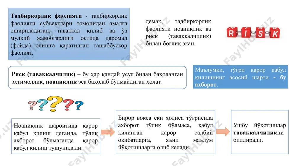 лчининг таваккалчилик билан боғлиқ даромадининг нафлик даражаси билан боғлиқлигини қуйидагича ифодалаш мумкин. 1-расм. таваккалчиликка мойил бўлмаган ҳолат (бунда чекли нафлик mu пасайиб боради) 2-расм. таваккачиликка бефарқлик (бунда чекли нафлик mu деярли ўзгармас) 3-расм. таваккалчиликка мойиллик (бунда чекли нафлик mu ошиб боради) таваккалчиликни пасайтиришнинг қуйидаги турлари мавжуд: диверсификация (яъни, товар турларини кўпайтириш орқали) ахборот излаш (яъни, муҳим маълумотларга эга бўлиш орқали) суғурталаш (яъни, кўпроқ табиий офатлар таъсири учун) таваккалчиликни бирлаштириш (яъни, субъектлар бўйича бирлаштириш) таваккалчиликни тақсимлаш (яъни, субъектлар бўйича тақсимлаш) фючерс (яъни, бу олдиндан белгиланган нархларда маълум миқдордаги товарларни келажакда маълум кунда етказиш учун тузилган муддатли шартнома) опцион (яъни, фючерснинг бир тури бўлиб, унга кўра бир томон комиссион тўлов асосида бирор товарни келажакда сотиб олиш ёки сотиш ҳуқуқини олдиндан келишилган нархда сотиб олади) хеджерлаш (яъни, бу операция бўлиб, унга кўра фючерслар бозори ва опционлар бозори ёрдамида бир таваккалчилик бошқа бир таваккалчилик билан қопланади. ушбу операциянинг моҳияти шундан иборатки, нархлар ўзгариши билан …