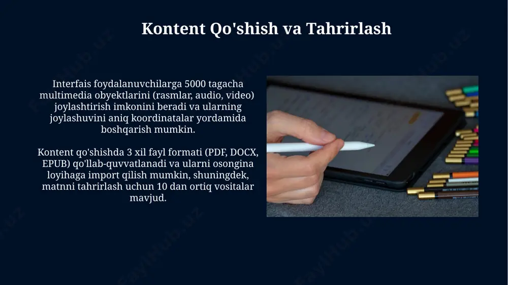 epub) eksport qilishlari mumkin. boshqa elektron darslik yaratuvchi dasturlar bilan taqqoslash bizning avtomatik elektron darslik yaratuvchi dasturimiz, raqobatchilardan farqli o'laroq, 50% ga tezroq ishlaydi va 30% kamroq resurs sarfini talab qiladi, bu esa samaradorlikni oshiradi. ko'pgina raqobatdosh dasturlardan farqli ravishda, bizning dasturimizda 10 dan ortiq turdagi interaktiv elementlarni qo'shish imkoniyati mavjud bo'lib, bu o'quv jarayonini yanada qiziqarli qiladi. tahlil va statistikalar "tahlil va statistikalar" moduli elektron darslik yaratish jarayonida 1000 dan ortiq sahifalarni tahlil qilib, o'quv materiallarining samaradorligini 90% ga oshirishga yordam beradi. ushbu modul 5 xil turdagi statistik hisobotlarni avtomatik ravishda generatsiya qiladi, shu jumladan, o'quvchilarning o'qish tezligi, tushunish darajasi va savollarning to'g'ri javob berish foizi kabi ko'rsatkichlarni o'z ichiga oladi. e'tiboringiz uchun rahmat @taqdimot_robot image5.jpg image6.jpg image7.jpg image8.jpg image9.jpg image10.jpg image11.jpg image12.jpg image13.jpg image14.jpg image15.jpg image16.jpg image17.jpg image18.jpg image19.jpg image20.jpg image21.jpg image1.jpg