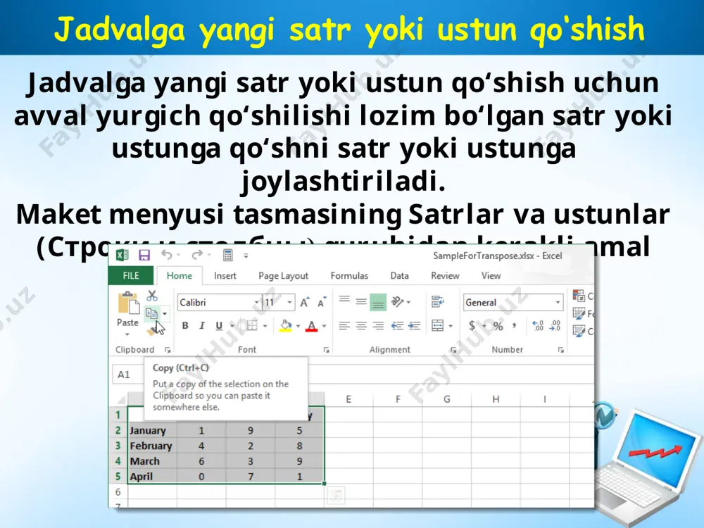 . yurgich matn yoziladigan katakchaga joylashtiriladi. 2. maket tasmasining tekislash (выранивание) guruhidagi matn yo‘nalishi (направление текста) tugmasi kerakli yo‘nalish aks etguncha bir necha marta tanlanadi. 1. yurgich matn yoziladigan katakchaga joylashtiriladi. 2. sichqonchaning o‘ng tugmasini bosib, ekranga kontekst-menyu chiqariladi. 2-usulda: 3. ekranda aks etgan jadvalga mos kontekst-menyudan matn yo‘nalishi (направление текста) amali tanlanadi. natijada ekranda matn yo‘nalishini tanlash muloqot oynasi aks etadi. 4. ekranda aks etgan muloqot oynasidan matnning kerakli yo‘nalishi tanlanadi va enter klavishi bosiladi yoki sichqoncha yordamida ok tugmasi tanlanadi. savol va topshiriqlar 1. jadvallar ustida qanday amallar bajariladi? 2. jadvalga yangi satr yoki ustun qo‘shishni amalda ko‘rsatib bering. 3. jadvaldan ortiqcha ustun yoki satrlar qanday olib tashlanadi? 4. jadvalda blokka olish usullarini amalda ko‘rsating. 5. jadval kataklari qanday birlashtiriladi? 6. jadval kataklarini bo‘lishni amalda ko‘rsating. image2.jpeg image3.png image4.png image5.png image6.png image7.png image8.emf image9.jpeg image10.png image11.jpeg image12.emf image13.jpeg image14.png image15.jpeg image1.jpeg