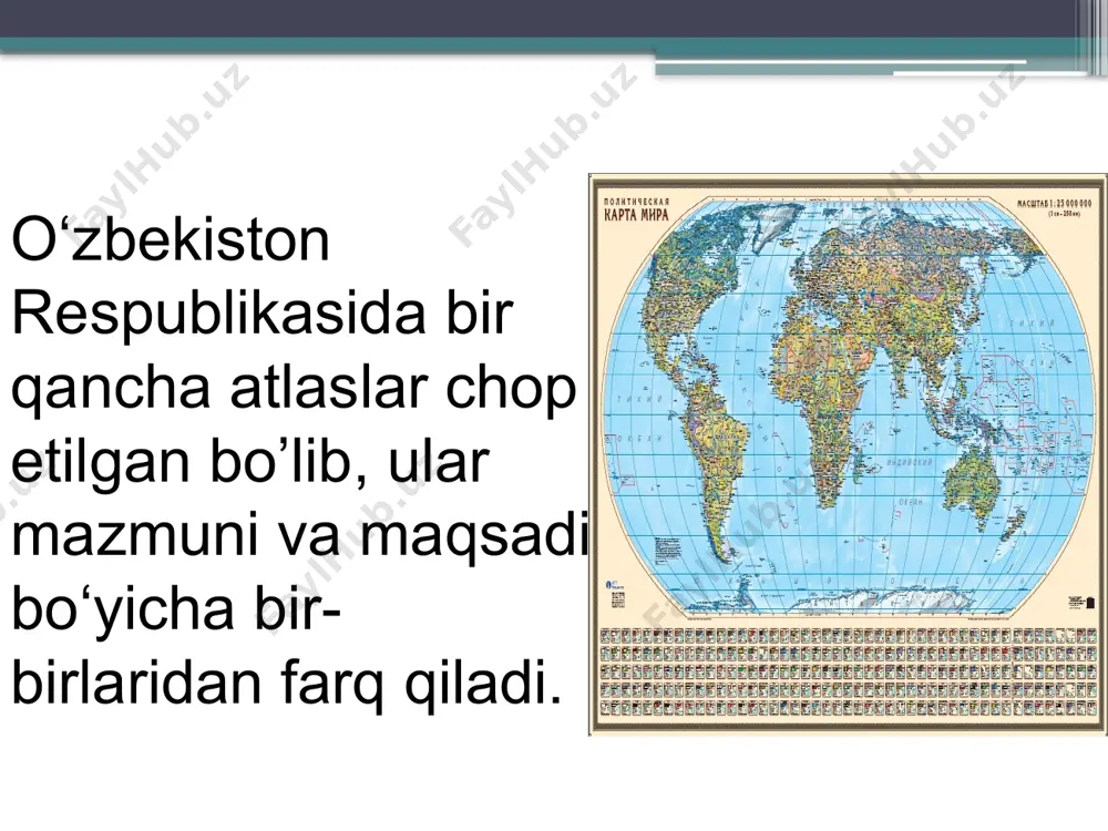 -sinf uchun mo‘ljallangan dunyoning ijtimoiy va iqitisodiy geografik atlasi (toshkent, 2000), jahon iqtisodiy geogrfiyasini o‘rganishda asosiy qo‘llanma bo‘lib xizmat qilishi mumkin. foydalanilgan adabiyotlar. asomov m., mirzaliev t. topografiya asoslari va kartografiya. toshkent: «o‘qituvchi», 1988. asomov m., mirzaliev t. topografiya asoslari va kartografiyadan labaratoriya mashg‘ulotlari. toshkent: «o‘qituvchi», 1990. berlyant a.m. obzor prostranstva: karta informatsiya. m.: «mыsl», 1986. berlyant a.m. kartograficheskiy metod issledovaniya. m.: 1978. gedыmin a.v., g.yu.gryunberg i dr. kartografiya s osnovami topografii. m.: «prosveщenie», 1988. g‘ulyamova l.x. geografiyada aerokosmik uslublar. toshkent: «universitet», 1993. kartografiya na rubeje tыsyachaletiy. //dokladы i vserossiyskoy nauchnoy konferensii po kartografii. m.: 1997. mirzaliev t. geografik karta va undan foydalanish. toshkent: «o‘qituvchi», 1977. image3.jpeg image4.jpeg image5.jpeg image6.jpeg image7.jpeg /docprops/thumbnail.jpeg