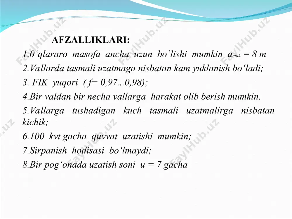 alarning burchak tezliklari uzatish soni 0‘qlararo masofa zanjir bo‘g‘inlari soni: zanjir bo‘g‘inlari soni aniqlangandan keyin o'qlar orasidagi masofa quyidagi formuladan topiladi: aylanma kuch bunda: d1 -yulduzchaning bo‘luvchi diametri zanjirni taranglashda hosil bo'ladigan kuch quyidagi ifoda orqali aniqlanadi: q -1 metr zanjiming og'irligi; kf - zanjiming salqilik koeffitsiyenti. zanjirning salqiligini ta’minlash uchun o‘qlararo masofani 0,2-0,4% kamaytirish kerak bo’ladi; g - og‘irlik kuchining tezlanishi, m/s2; a - zanjiming salqilik hosil qiladigan qismi uzunligi (bu uzunlik shartli ravishda markazlararo masofaga teng qilib olinadi); markazdan qochma kuch ta’siridagi zo'riqish quyidagi formuladan topiladi: bunda: g = 9,81m/s2, v - zanjir tezligi, m/s bosimning hisobiy qiymati. bu yerda: ft, - aylanma kuch, n; aюз- zanjiming tayanch yuzasi. λ - zanjir qatorini hisobga oluvchi koeffitsiyent. yulduzcha vallarigata’sir qiluvchi kuch bunda: kv – valning yuklanish koeffisiyenti bo’lib qiymati uzatmani gorizontaliga nisbatan joylanishiga bog’liq boiib quyidagicha olinadi. yuklanish bir tekisda bo’lib a = 0-45° bo’lganda kv = 1,15; a …