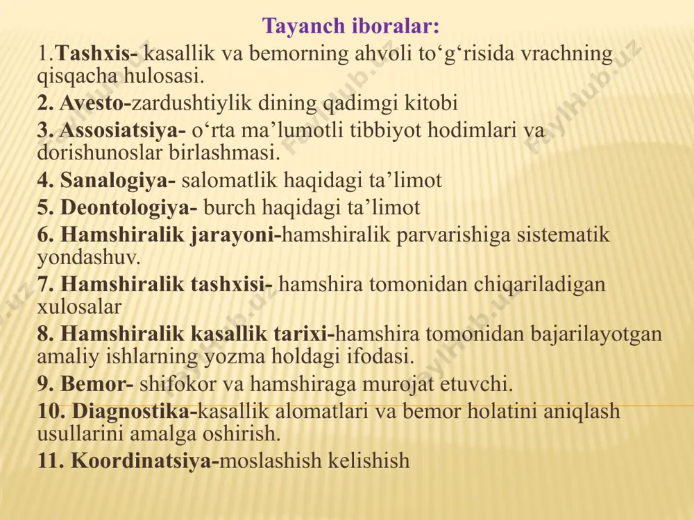 barcha bilim va harakatlari ma’lum bir bemorning aniq bir kasalligini davolashga qaratilgan bo‘ladi. hamshiralik ishi- kasallikdan ko‘ra ko‘proq bemorga yoki odamlar guruhiga, ya’ni oilaga, jamoaga qaratilgan bo‘lib, insonlar, ularning oilalari, umuman aholi sog‘lig‘i bilan bogliq bo‘lgan muammo va ehtiyojlarni hal qilishga yo‘naltirilganligi bilan shifokorlik faoliyatidan farq qiladi. "hamshira" so'zining o'zbek tilidagi lug'aviy ma'nosi "ham" birga, "shir" sut, yani bir onani emgan opa-singildek bemorni parvarish qilishdir. hamshiralik ishining tarixi hamshiralik ishiga birinchi asos solgan florens naytingeyl bo‘lib u florensiyada 1820 yilda boy oilada tug‘ilgan.u yoshligidan odamlarga yordam berib, ularni kasallik va o‘limdan ogohlantirishdek va xolis yordam qilishdek muqadas ishga o‘zini bag‘ishlashni insoniy burch deb hisobladi. u 20 yoshidayoq hamshira bo‘lishni orzu qildi. ammo uning otasi florens naytingeylni hamshira bo‘lishiga qarshi edi. chunki o‘sha davrda jamiyat hamshiralarni goyoki rad qilib bo‘lmaydigan dalillar bilan yengil tabiatli ayollar qatoriga kiritgan edi. lekin shunga qaramay u o‘zi sevgan hamshiralik ishi bo‘yicha ma’lumot oladi. u bemorlarga …
