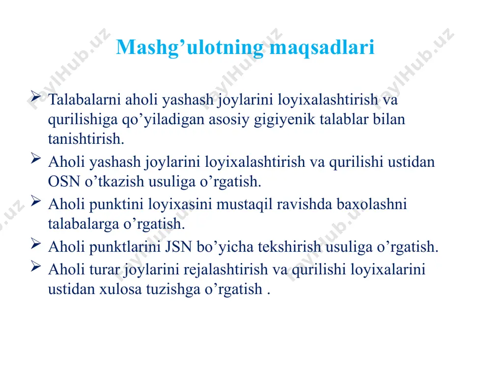 igi,kengligi,maydoni,kvartalda tarmoqlar soni,qurilish %i,axoli zichligi.umumjamoat markazining borligi,maydoni kattaligi,imoratlar turi.umumjamoat imoratlari ,ularni joylashishi,maydoni kattaligi,maktab,bog’cha,yaslilar o’rinlar soni,hammom,kasalxona,ambulatoriya,tug’ruqxona,kirxona,sartaroshxona,oshxona,do’kon,madaniy markazlar,adminstrativ tashkilotlar borligi,ularni joylashishi,obodonlashtirilganligi. ko’chalar ,ularni umumiy kengligi,shu qatori xarakat qismini,yo’laklar va ko’kalamzorlar kengligi,harakat qismini qoplamasi,nima bilan qoplangan,sozligi.yashash mintaqasiniko’kalamzorligi,umumjamoa bog’ini borligi,kattaligi,ekinlari(daraxtlari)ning turlari,obodonlashtirilganligi(o’rindiqlar,suxbat joylari,maydonchalar,umumjamoa binolari oid maydonlarini ko’kalamzorligi)tarmoqlarning ko’kalamzorligi,umumiy xulosa suv taminoti va uning sanitariya baxosi(dastur asosida) axoli punktini san tozalanishi,uni tashkil qilinganligi,umumjamoa assenizizatsiya transp[ortini borligi.axlat va kir o’ralarini tozalanishi,axlatni olib ketilishi va zararsizlantirilishi.ovqat qoldiq chiqindilarini yoqilishi va yo’qotilishi.tarmoqlardan va ishlab chiqarish mintaqasidan go’nglarni yoqilishi.olib ketilishi,zararsizlantirilishi xulosa.axoli punktini rejalashtirilganligi,qurilishi,obodonlashtirilganligini umumiy san gig baxosi,kamchiliklarni aniqlash va tadbirlar belgilash.kelajakda rejalashtirilgan qurilishini va obodonlashtirilishini yaxshilash yo’lida tadbirlar ishlab chiqish. ilova:axoli punktini,yorug’lik tomonlari,yillikshamol esish yo’nalishi,daryo oqimi,yashash va ishlab chiqarish mintaqasi,umumjamoa binolari,xususiy qo’llaniladigan xududlar va vodoprovod kolonkalari ko’rsatilgan,sxematik rejasi. . axoli yashash joylarini loyixalashtirish va qurilishida osn shaxarlarni loyixalashtirish o’z ichiga bosqichlarni oladi:1)rayonlashtirib rejalashtirish sxemasi asosida birinchi navbatda quriladigan obyektlarni rejalari ko’rsatilgan xolda shaxarning bosh loyixasi tuziladi 2)qurilish eskizl