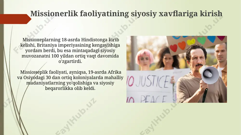 orligida mahalliy aholi madaniyati va urf-odatlariga tahdid soladigan missionerlik faoliyatiga qarshi kuchli milliy g'oyalar asosida kurash olib borilgan. missionerlikka qarshi kurashning muhim usullaridan biri, mahalliy intellektuallar va din arboblari tomonidan milliy ong va madaniy qadriyatlarni targ'ib qilish, 50 dan ortiq maktab va madaniy markazlar ochish orqali amalga oshirilgan. siyosiy ta'sir va aralashuv афғонистондаги миссионерларнинг 50 йиллик фаолияти давомида маданий ва ижтимоий таъсирлари, аҳолининг 2% дан камроқ қисмининг диний қарашларини ўзгартиришига қарамай, мамлакатнинг сиёсий барқарорлигига салбий таъсир кўрсатди. 20-асрнинг бошларидаги хитойдаги миссионерлик ҳаракати, мамлакатнинг 1/3 қисмини эгаллаб олган католик миссионерларининг таъсири натижасида, миллий ҳукумат билан жиддий можаролар келтириб чиқарди. salbiy axloqiy ta'sir va shaxsiy qadriyatlarning buzilishi 2018 yildan beri andijon viloyatida olib borilgan kuzatuvlar shuni ko'rsatdiki, missionerlar tomonidan targ'ib qilingan g'oyalar tufayli shaxsiy qadriyatlar tizimida 5 dan ortiq muhim o'zgarishlar yuz bergan. protestant cherkovlarining faolligi bilan bogʻliq holda, samarqand shahrida oilaviy qadriyatlarning buzilishi 10% ga oshganligi haqida 2022 yilgi ijtimoiy tadqiqotlar …