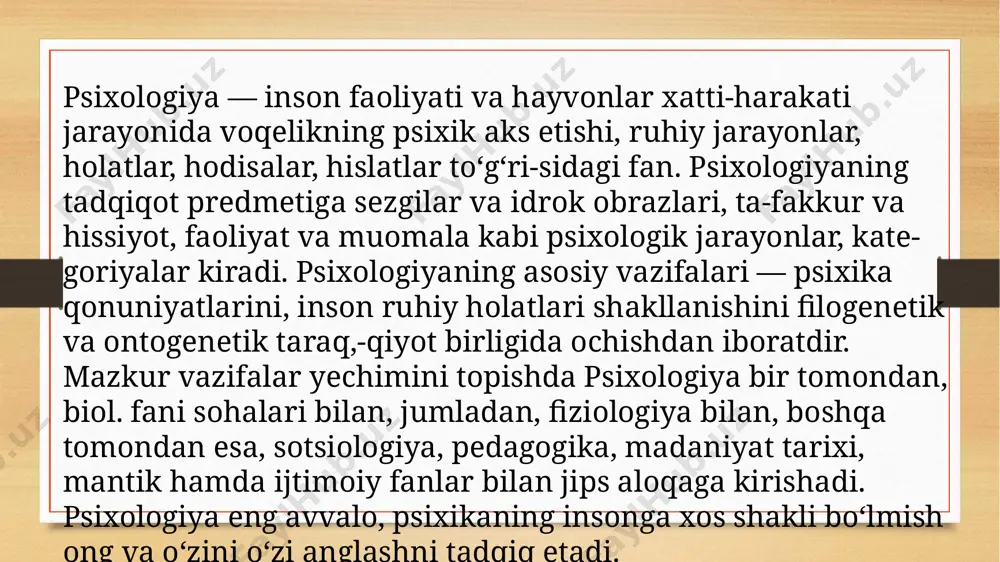 axsus almashuv (o’zaro ta’sir)dan iboratdir. bu o’rinda funksional xususiyatga ega: a) fa’zoviy (idrok) b) davriy (xotira) v) affektiv (energetik) g) kognitiv va xoka’zo. 2. intellekt go’yoki biologik (tabiiy) jarayon va funksiyadan tashqil topgan bolib, adabtiv tabiatga egadir. shuning uchun adaptatsiya deganda assimetriya (oquv materiallarini xulqni xukm surib turgan sxemalari orqali o’zlashtirish) bilan akkodatsiya (mazkur sxemani muayyan vaziyatlarga moslashish) utasidagi tenglik tushuniladi. tengvaznlik (tenglik) moddiy va funksional psixologik tarkiblarni o’zida mujassamlashtiradi. 3. intellektning mohiyati - bu uning faoliyati va ishchan tabiatidir. chunki akkomodatsiya faoliyatga bevosita ta’sir o’tkazadi. j. piaje (1896-1980) hozirgi zamon psixologiyasi koʻp tarmoqli psixologik bilimlar tizimidan iborat fan hisoblanib, oʻzining tadqiqot predmetiga ega boʻlgan koʻplab sohalardan tashkil topgan: umumiy psixologiya, aviatsiya psixologiyasi, harbiy psixologiya, differensial psixologiya, psixofiziologiya, muhandislik psixologiyasi, kosmik psixologiya, huquq psixologiyasi, tibbiyot psixologiyasi, neyropsixologiya, patopsixologiya, pedagogik psixologiya, mehnat psixologiyasi, sport psixologiyasi, max-sus psixologiya, ijodiyot psixologiyasi, menejment psixologiyasi, marketing psixologiyasi, ijtimoiy psixologiya, yosh psixologiyasi, tashkiliy psixologiya, din psixologiyasi, …
