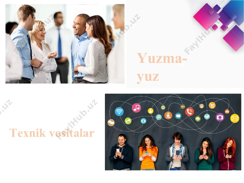hbatdoshga samimiy qiziqish bildirish. 3. o‘ychan jimlik 5. muloqotning psixologik tizimi muloqot b.f. parigin muloqot shunchalik ko’p qirrali jarayonki, unga bir vaqtning o’zida quyidagilar kiradi: a) individlarning o’zaro ta’sir jarayoni; b) individlar o’rtasidagi axborot almashinuvi jarayoni; v) bir shaxsning boshqa shaxsga munosabati jarayoni; g) bir kishining boshqalarga ta’sir ko’rsatish jarayoni; d) bir-birlariga hamdardlik bildirish imkoniyati; s) shaxslarning bir-birlarini tushunishi jarayoni. muloqot bosqichlari o’z-o’zi bilan muloqoti boshqalar bilan muloqot avlodlar o’rtasidagi muloqot muloqot strukturasi (g.m.andreyeva) kommunikativ muloqotga kirishuvchilar o’rtasidagi ma’lumotlar almashinuvi jarayoni interaktiv muloqotga kirishuvchi tomonlarning xulq-atvorlariga ta’sir jarayoni perseptiv muloqotga kirishuvchi tomonlarning bir-birlarini idrok etishlari va tushunishlari bilan bog’liq bo’lgan murakkab psixologik jarayon 28 perseptiv muloqot mexanizmi (a.a.badalev) identifikasiya refleksiya kauzal atributsiya stereotipizatsiya guruh – bu umumiy belgilar, umumiy faoliyat, muloqot hamda umumiy maqsad asosida birlashgan kishilar uyushmasi guruh tashkil topishi uchun albatta umumiy maqsad yoki tilaklar umumiy belgilar bo’lishi shart 30 guruhni alohida shaxslar tashkil etadi, lekin har bir …