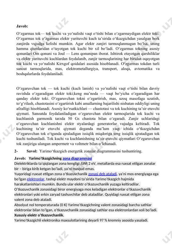 vob: maydoniy tranzistor (mt) deb, tok kuchi qiymatini boshqarish ychun o‘tkazuvchi kanaldagi elektr o‘tkazuvchanligikni o‘zgartirish hisobiga elektr maydon o‘zgarishi bilan boshqariladigan yarim o‘tkazgichli aktiv asbobga aytiladi. maydoniy tranzistorlar turli elektr signallar va quvvatni kuchaytirish uchun mo‘ljallangan. maydoniy tranzistorlarda bipolyar tranzistorlardan farqli ravishda tok tashkil bo‘lishida faqat bir turdagi zaryad tashuvchilar ishtirok etadi: yoki elektronlar, yoki kovaklar. shuning uchun ular yana unipolyar tranzistorlar deb ham ataladi. maydoniy tranzistorlarning tuzilishi va kanal o‘tkazuvchanligiga ko‘ra ikki turi mavjud: p–n o‘tish bilan boshqariladigan maydoniy tranzistor hamda metall – dielektrik – yarim o‘tkazgichli (mdya) tuzilishga ega bo‘lgan zatvori izolyatsiyalangan maydoniy tranzistorlar. ular mdya- tranzistorlar deb ham ataladilar. p–n o‘tish bilan boshqariladigan maydoniy tranzistor n–kanalli p–n o‘tish bilan boshqariladigan maydoniy tranzistorning tuzilishining qirqimi (a) va uning shartli belgisi n–turdagi soha kanal deb ataladi. kanalga zaryad tashuvchilar kiritiladigan kontakt istok (i); zaryad tashuvchilar chiqib ketadigan kontakt stok (s) deb ataladi. zatvor (z) boshqaruvchi elektrod hisoblanadi. zatvor va …