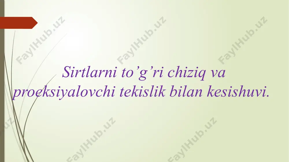 ntal proeksiyasining kichik o‘qidir. gorizontal proeksiyadagi ellipsning katta o‘qi 1-2 kesmadir. 1`-2` va 3`-4` kesmalar frontal proeksiyadagi ellipsning qo‘shma diametrlaridir. kesma shakl- ellpisning haqiqiy ko‘rinishi p tekislikni h tekislikka ustma-ust tushirish usuli bilan yasalgan. ellips katta (10-20) va kichik (30-40=3-4)o‘qlari bo‘yicha yasalishi mumkin. foydalanilgan adabiyotlar sh.murodov, l.xakimov, a.xolmurzayev, m.jumayev, a.to‘xtayev. chizma geometriya, iqtisod-moliya, 2006. engineering drawing by m.b.shah, b.c.rana. d.kindersley, delhi, 2009. george young. descriptive geometry. the macmillan company, new york. 2013. s.s. saydaliyev. chizma geometriya va muhandislik grafikasi. tdpu nashriyoti. 2017. image1.png image2.png image3.png image4.png /docprops/thumbnail.jpeg