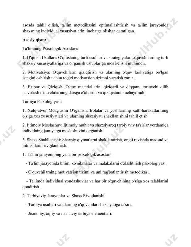 qiziqarli va diqqatni tortuvchi qilib tasvirlash o'quvchilarning darsga e'tiborini va qiziqishini kuchaytiradi. tarbiya psixologiyasi: 1. xulq-atvor mozg'usini o'rganish: bolalar va yoshlarning xatti-harakatlarining o'ziga xos xususiyatlari va ularning shaxsiyati shakllanishini tahlil etish. 2. ijtimoiy moslashuv: ijtimoiy muhit va shaxsiyaroq tarbiyaviy ta'sirlar yordamida individning jamiyatga moslashuvini o'rganish. 3. shaxs shakllanishi: shaxsiy qiymatlarni shakllantirish, ongli ravishda maqsad va intilishlarni rivojlantirish. 1. ta'lim jarayonining yana bir psixologik asoslari: - ta'lim jarayonida bilim, ko'nikmalar va malakalarni o'zlashtirish psixologiyasi. - o'quvchilarning motivatsion tizimi va uni rag'batlantirish metodikasi. - ta'limda individual yondashuvlar va har bir o'quvchining o'ziga xos talablarini qondirish. 2. tarbiyaviy jarayonlar va shaxs rivojlanishi: - tarbiya usullari va ularning o'quvchilar shaxsiyatiga ta'siri. - jismoniy, aqliy va ma'naviy tarbiya elementlari. - jamoat bilan ishlash, jumladan sinfda va maktabdan tashqari muhitda tarbiyaviy ish. 3. ta'lim muassasalarida psixologik xizmat: - maktab psixologining roli va uning ta'lim-tarbiya jarayonidagi ahamiyati. - o'quvchilarni diagnostika qilish, ularning muammolarini aniqlash va aralashuv strategiyalari. …