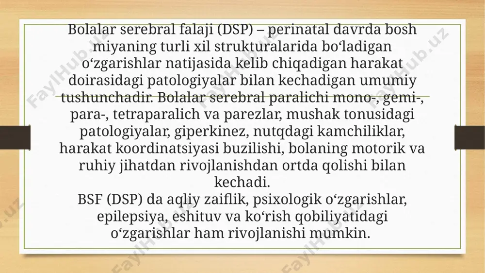 zlar kelib chiqadi. bosh miyaning faqatgina bir yarimsharida zararlanish roʻy beradigan boʻlsa, harakat buzilishi tananing qarama qarshi tomonida yuzaga chiqadi. bolalar serebral falajining koʻpgina holatlarida poʻstloq osti markazlari buzilishi bilan bogʻliq giperkinetik shakli uchraydi. kasallik klinikasida ixtiyorsiz harakatlar – giperkinezlar namoyon boʻladi va bunday holat bola hayajonlanganda, qoʻrqqanda yaqqol yuzaga chiqadi. miyachaning zararlanishi natijasida atonik-astatik bolalar serebral falaji shakllanadi. kasallik belgilari statika va koordinatsiya, mushaklar atoniyasi koʻrinishida namoyon boʻladi. dspning eng ogʻir koʻrinishi ikki tomonlama gemiplegiyadir. bunda bosh miya yarimsharlarining ikki tomonlama zararlanishi roʻy beradi. bolalar mushaklari rigidligi hisobiga nafaqat yurish, tik oyoqda turish hatto mustaqil ravishda boshlarini ham tutishga qiynaladilar. bolalar serebral falaji belgilari bolalar serebral falaji turli xil koʻrinishda va turlicha ogʻirlik darajasida kechadi. kasallikning klinik belgilari bosh miya strukturasining zararlangan sohasi va chuqurlik darajasiga bogʻliq boʻladi. baʼzida bolalar serebral falaji belgilari bola dunyoga kelishi bilan yuzaga chiqadi. koʻpincha kasallik bir necha oy oʻtgach pediatr koʻrigida bolaning jismoniy …