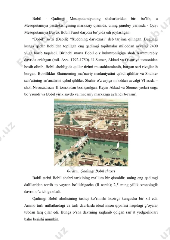 i va qo’ylar honakilashtirilgan. shundan buyon bu hayvonlarning junlari mesopotamiya hududida to’qish uchun asosiy xom ashyo bo’lib qoldi. qadimgi barcha jamiyatlarda kiyim ishlab chiqarish sanoat faoliyatining asosiy turi bo’lgan va uning rivojlanish darajasi sanoatning boshqa turlari uchun hal qiluvchi ahamiyatga ega bo’lgan. uzoq vaqt davomida mesopotamiyada kiyim-kechak ishlab chiqarish uy xo’jaligi bo’lib qoldi. miloddan avvalgi vi asrda ham bobil aholisining aksariyati uyda tikilgan kiyimlarni kiyishgan va professional hunarmandlar xizmatidan foydalanishgan. erkaklar kostyumi. shumerda erkaklarning asosiy kiyimlari tunika va yelkali kiyim edi. tunika yengsiz yoki juda qisqa qisman belgacha ko’ylak bo’lgan. umuman olganda, u odatda tizzaga yetib bormagan. gazlamalar silliq hamda kashta bilan bezatilgan(7-rasm). 7-rasm. erkaklar kostyumi miloddan avvalgi ii ming yillikda “tunika keng” tarqalgan kiyim-kechakka aylandi. gazlamalarning uzunligi har xil bo’lishi (4 metrdan 7-9 metrgacha) bo’lishi mumkin edi. aksariyat hollarda, u shunchaki tanaga o’ralgan (ba’zan tunikaning ustiga) va kamar bilan mahkamlangan ammo, oyog’ini beliga mahkam bog’lab qo’ygan va uni kamarsiz …