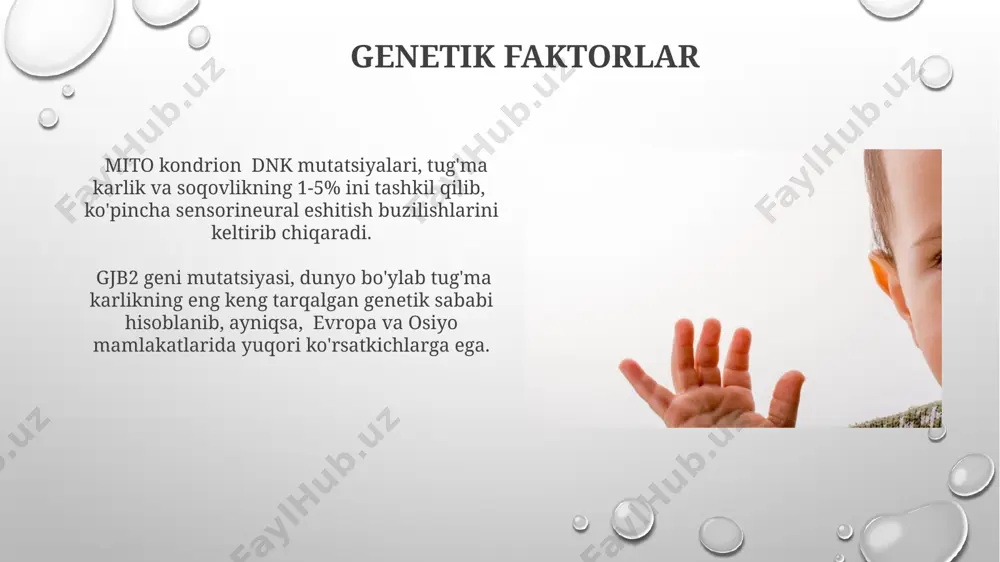 tini tiklashga yordam beradi, lekin muvaffaqiyat darajasi turli xil omillarga, shu jumladan bolaning yoshi va implantatsiya joylashgan joyiga bog'liq. logopedik mashg'ulotlar, haftada 2-3 marta, taxminan 1-2 yil davomida o'tkazilishi kerak va bolaning nutqini rivojlantirishda muhim rol o'ynaydi. natijalar bolaning yoshi va individual xususiyatlariga bog'liq holda farq qiladi, masalan, toshkent shahridagi reabilitatsiya markazlarida bunday xizmatlar mavjud. kelajakdagi tadqiqotlar tug'ma karlik va soqovlikning oldini olish bo'yicha 2025 yilgacha amalga oshiriladigan profilaktika dasturlarini ishlab chiqish va 3 yoshgacha bo'lgan bolalarda erta aniqlash usullarini takomillashtirish zarur. kelajakdagi tadqiqotlar o'zbekistonning 5 ta viloyatida tug'ma karlik va soqovlikning genetik sabablarini aniqlashga qaratilgan keng ko'lamli genom tadqiqotlarini o'tkazishni o'z ichiga olishi mumkin. audiometriya va spetxogrammalar o'rtacha 30 db dan yuqori bo'lgan eshitish yo'qotishini aniqlashda audiometriya va spetxogrammalar farg'ona viloyati shifoxonalarida standart diagnostika usuli sifatida qo'llaniladi. spetxogrammalar nutqning 500-2000 gts chastotalar oralig'ida sustlashganligini va samarkand shahridagi logopedlar tomonidan qo'shimcha tahlil talab qilinishini ko'rsatdi. taʼlim va ijtimoiy moslashish toshkent …