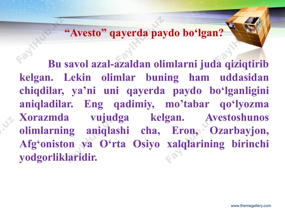 “qalblarning sevgisi” deb nom qo‘yilishi bejiz emas. chunki bu asarda navoiy insonlarga qalbidagi eng kerakli o‘g‘itlarni bayon etib, ularni turmushdagi, oilaviy hayotdagi turli hodisalar va vaziyatlardan chiqishga imkon beruvchi yaxshi fazilatlar, ularni tarbiyalash masalalariga diqqatni qaratadi. www.themegallery.com аlisher navoiyning er-xotin munosabatlari, burchlari, ayollar fazilati, ularning oilada tutgan o‘rni haqidagi qarashlari beqiyosdir. “mahbub-ul-qulub” asarining “uylanish va xotinlar to‘g‘risidagi” faslida mutafakkir uylanish va uning foydasi, oila odobi va oilada ayollarning fazilatlari haqida ajoyib fikrlarni bayon etgan. navoiy ayolning turmushdagi hissasiga quyidagicha to‘xtaladi: “yaxshi xotin – oilaning davlati va baxti. uyning ozodaligi undan, uy egasining xotirjam va osoyishtaligi undan husnli bo‘lsa – ko‘ngil yozig‘i, xushmuomala bo‘lsa – jon ozig‘idir. oqila bo‘lsa, ro‘zg‘orda tartib-intizom bo‘ladi, asbob-anjomlar pokiza va saranjom turadi”. www.themegallery.com markaziy osiyo xalqlarining “аlpomish” “kuntug‘mish”, “go‘ro‘g‘li”, “oysuluv”, “layli va majnun”, “yusuf va zulayho”, “manas”, “qizjibek”, “qozi kurpesh bayan suluv” kabi dostonlarida erkak va ayol oʼrtasidagi sof insoniy munosabatlar, muhabbat, sadoqat, yorga vafo mavzusi …