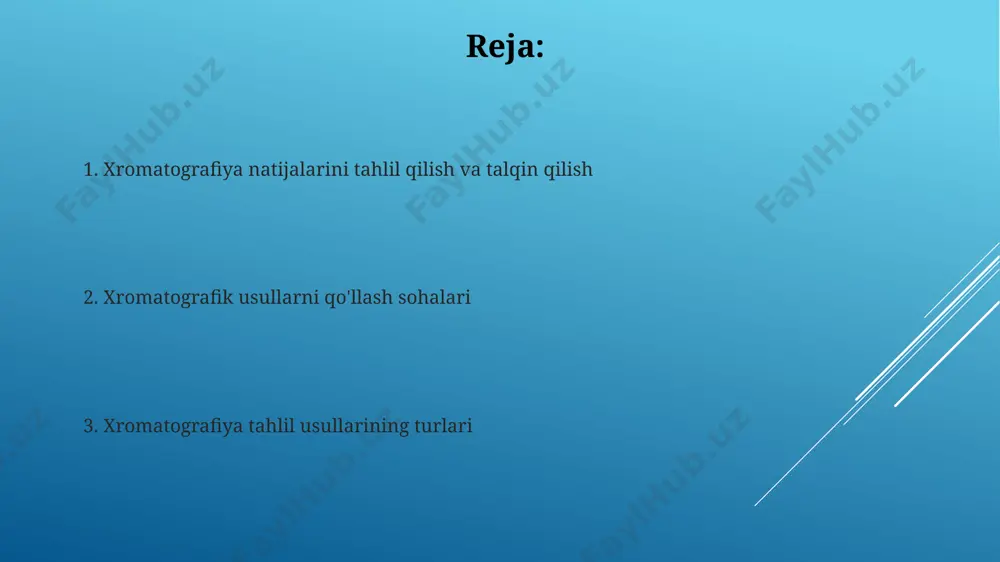 adan bir necha soatgacha o'zgaradi. suyuqlik xromatografiyasi (sx) turli xil fazalarni, masalan, teskari fazali (rp-hplc) va normal fazali (np-hplc) kabi, o'z ichiga oladi va bu usullar namunadagi komponentlarni ajratish samaradorligiga sezilarli darajada ta'sir qiladi, odatda 100 dan ortiq komponentni ajratishga qodir. xromatografik analiz natijalarini talqin qilish xromatogrammadagi piklarning retensiya vaqtini standartlar bilan taqqoslash orqali noma’lum moddalarni aniqlash mumkin, bu aniqlash 0,1% gacha aniqlikni ta’minlaydi. piklarning maydonlari yoki balandliklari analitlarning konsentratsiyasiga mutanosib boʻlib, kalibrlash egri chizigʻi yordamida miqdoriy tahlil oʻtkazish imkonini beradi, standart sapma 5% dan kam. gaz-qattiq xromatografiyasi gaz-qattiq xromatografiyasi o'ta past konsentratsiyali aralashmalardagi komponentlarni aniqlashda, masalan, havo ifloslanishini tahlil qilishda, 1 ppm dan past konsentratsiyalarda ham aniq natijalar beradi. gaz-qattiq xromatografiyasi yuqori qutbli birikmalarni, masalan, suvni, spirtlarni va aminlarni ajratishda samarali bo'lib, 5-10% gacha suv tarkibiga ega namunalarni tahlil qilish imkonini beradi. yupqa qatlamli xromatografiya yupqa qatlamli xromatografiya usuli oddiy, arzon va tezkor bo'lib, komponentlarni ajratish uchun 0,25 mm …