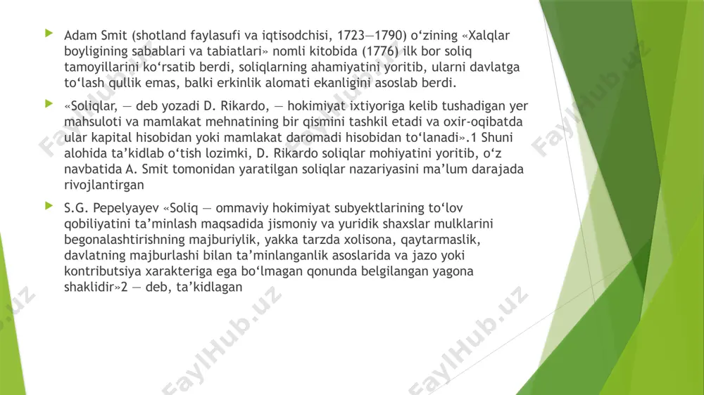 ini tezlashtiradi yoki sekinlashtiradi, aholining to‘lov qobiliyati talabini kengaytiradi yoki kamaytiradi. soliqlarning qayta taqsimlash funksiyasi – davlat soliqlar yordamida korxonalar va tadbirkorlar foydasi, aholi daromadi bir qismini qayta taqsimlaydi, bunda olingan soliq ishlab chiqarishga va ijtimoiy tarmoqlarga ko‘maklashuvchi sohalarni, ya’ni infratuzilmani rivojlantirishga, xarajatlar uzoq muddat o‘tganidan keyin qoplanadigan mablag‘ va fond talab tarmoqlarni investisiyalashga yo‘naltiriladi. soliqlarning qayta taqsimlash funksiyasi ijtimoiy ahamiyatga ega ekanligi bilan izohlanadi. tegishli tarzda tuzilgan soliq tizimi bozor iqtisodiyotiga ijtimoiy yo‘nalish berishga imkon tug‘diradi. soliq solish prinsiplari soliq solish majburiylik, aniqlik va soliq organlarining soliq to‘lovchilar bilan hamkorligi, adolatlilik, soliq tizimining yagonaligi, oshkoralik va soliq to‘lovchining haqligi prezumpsiyasi prinsiplariga asoslanadi. majburiylik prinsipi har bir shaxs ushbu kodeksda belgilangan soliqlar va unda nazarda tutilgan yig‘imlarni to‘lashi shart. hech kimga soliqlar va yig‘imlarning barcha alomatlariga ega bo‘lgan, biroq ushbu kodeksda nazarda tutilmagan yoxud uning normalari buzilgan holda belgilangan soliqlar va yig‘imlarni to‘lash majburiyati yuklatilishi mumkin emas. soliq solishning aniqligi …