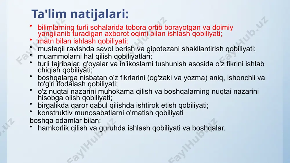 shlash uchun; jamoaviy ish sifatida kamroq. tajriba shuni ko'rsatadiki, cinquains foydali bo'lishi mumkin: 1) murakkab axborotni sintez qilish vositasi; 2) talabalarning kontseptual bilimlarini baholash usuli; 3) ijodiy ekspressivlikni rivojlantirish vositalari. sinquain yozish qoidalari 1. birinchi qator cinquain mavzusi bo'lib, bir so'z, odatda ot bilan ifodalangan; 2. ikkinchi qatorda mavzuning ikki so‘z, odatda sifatlar bilan tavsifi; 3. uchinchi qatorda ushbu mavzu doirasidagi ish-harakatning uch so‘zda, odatda fe’l bilan tavsifi; 4. to‘rtinchi qator muallifning berilgan mavzuga munosabatini bildiruvchi to‘rt so‘zdan iborat ibora; 5. beshinchi qator bir so‘z bo‘lib, birinchisining sinonimi bo‘lib, mavzu mohiyatini emotsional-majoziy yoki falsafiy-umumlashtirilgan darajada takrorlaydi. foydalanilgan adabiyotlar http://letopisi.ru/index.php/technology_critical_thinking http://piterbooks.ru/read.php?sname=psychologic&articlealias=kritizeskoe_mishleni&page=2 http://cito-web.yspu.org/link1/metod/met49/node22.html https://docs.google.com/doc?docid=dhr26bbg_219fd9tz4wt&hl=en 17 image4.png image5.jpeg image6.png image7.png image8.png image9.png image1.jpeg