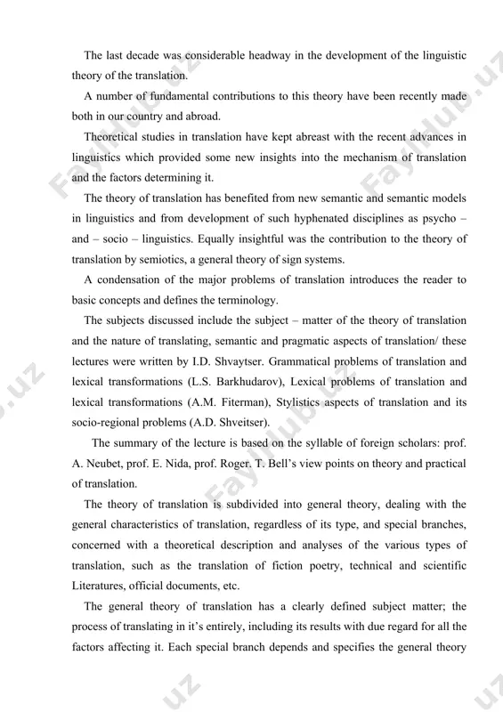 etc. the general theory of translation has a clearly defined subject matter; the process of translating in it’s entirely, including its results with due regard for all the factors affecting it. each special branch depends and specifies the general theory for it is the job of the general theory to reflect what is common to all types and varieties. the process of educational translation presents 4 stages: 1. first of all the text should be thoroughly understood. it means that the student should be acquainted with the whole book, should have some knowledge of the history of literatures and mode of life of the people from whose language the translation is being done. 2. the student should realize the stylistic functions of lexical and translation and phonetic phenomena which are used to express the content of the text. 3. then the work on the choice of corresponding means of expression …