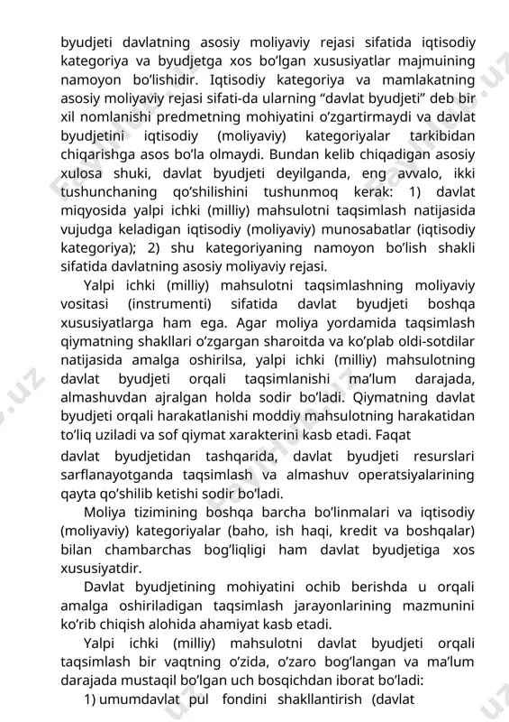 rejasi sifati-da ularning “davlat byudjeti” deb bir xil nomlanishi predmetning mohiyatini o’zgartirmaydi va davlat byudjetini iqtisodiy (moliyaviy) kategoriyalar tarkibidan chiqarishga asos bo’la olmaydi. bundan kelib chiqadigan asosiy xulosa shuki, davlat byudjeti deyilganda, eng avvalo, ikki tushunchaning qo’shilishini tushunmoq kerak: 1) davlat miqyosida yalpi ichki (milliy) mahsulotni taqsimlash natijasida vujudga keladigan iqtisodiy (moliyaviy) munosabatlar (iqtisodiy kategoriya); 2) shu kategoriyaning namoyon bo’lish shakli sifatida davlatning asosiy moliyaviy rejasi. yalpi ichki (milliy) mahsulotni taqsimlashning moliyaviy vositasi (instrumenti) sifatida davlat byudjeti boshqa xususiyatlarga ham ega. agar moliya yordamida taqsimlash qiymatning shakllari o’zgargan sharoitda va ko’plab oldi-sotdilar natijasida amalga oshirilsa, yalpi ichki (milliy) mahsulotning davlat byudjeti orqali taqsimlanishi ma’lum darajada, almashuvdan ajralgan holda sodir bo’ladi. qiymatning davlat byudjeti orqali harakatlanishi moddiy mahsulotning harakatidan to’liq uziladi va sof qiymat xarakterini kasb etadi. faqat davlat byudjetidan tashqarida, davlat byudjeti resurslari sarflanayotganda taqsimlash va almashuv operatsiyalarining qayta qo’shilib ketishi sodir bo’ladi. moliya tizimining boshqa barcha bo’linmalari va iqtisodiy …
