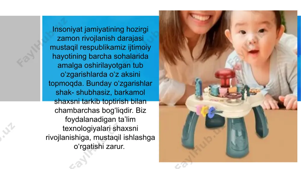 ‘la olishni o‘rgatishdan iborat. shuningdek, og‘zaki nutq, so‘zlarni to‘g‘ri qo‘llashni o‘rgatishga ham katta e’tibor beriladi. ertaklar, kitoblar, musiqa, sport o‘yinlari, rassomlik kabi shaxsning ijodiy xususiyatlariga qiziqish uyg‘otiladi bolalar bog‘chasi yaponiyada vatan fuqarosini shakllantirish tizimining 1-bosqichi hisoblanadi. mustaqil faoliyat, jamoaviy ong, ijtimoiy mas’uliyat ko‘nikmalarini shakllantirishga alohida e’tibor qaratiladi. bolalar bog‘chasining asosiy vazifasi bolani maktabga tayyorlashdir. bu yerda rasm, musiqa, ritmika, jismoniy tarbiya bo‘yicha mashg‘ulotlar o’tiladi. individuallik, u qanchalik yaxshi bo‘lmasin, o‘quvchilarni o‘ziga jalb qilmaydi, bolalar jamoasi tomonidan qabul qilinmaydi. yaponiyada oilaviy tarbiya xususida ko’plab metodik qo’llanmalar va tavsiyanomalar nashr etiladi, radio va televideniya orqali ko’plab pedagogik maslahatlar berib boriladi. maktabgasha tarbiya yoshdagi bolalar ushun ota- onalar oyiga o’rtacha 2- 3 kitob sotib olishadi. shu yoshdagi bolalar ushun oyiga 40 jarida nashr etiladi, ota-onalarning mutlaq ko’pchiligi bu jaridalarga obuna bo’lishadi. bola maktabga borgunga qadar o’qishni, yozishni, oddiy hisoblash ko’nikmalarini egallashi zarur. maktabgacha ta’lim tizimi germaniya ta’lim tizimida muhim bosqich hisoblanadi. maktabgacha ta’lim …
