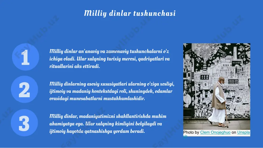 birlik va birlashuvni ta'minlashda yordam beradi. photo by getty images on unsplash foydalanilgan adabiyotlar 1. abdulazizov, a. milliy dinlar tushunchasi va ularning ahamiyati. toshkent: o'zbekiston milliy universiteti, 2022. 2. jumaniyozov, b. milliy dinlar va zamonaviy hayot. o'zbekiston tarixi va madaniyati, 2023. 3. tashkent, r. milliy dinlarning rivoji: tarixiy va zamonaviy nuqtai nazardan. o'zbekiston fanlar akademiyasi, 2021. 4. iskandarov, m. milliy dinlar va jamiyatdagi o'rni. o'zbekiston jurnalistika va madaniyat, 2020. 5. sultonov, i. milliy birlik va identitet: milliy dinlar roli. o'zbekiston ijtimoiy fanlar jurnali, 2023. e'tiboringiz uchun rahmat! image1.png image2.png image3.png image4.png image5.png image6.png image7.png image8.png image9.png image18.jpg image19.jpg image10.png image20.jpg image14.png image12.png image21.jpg image16.png image17.png