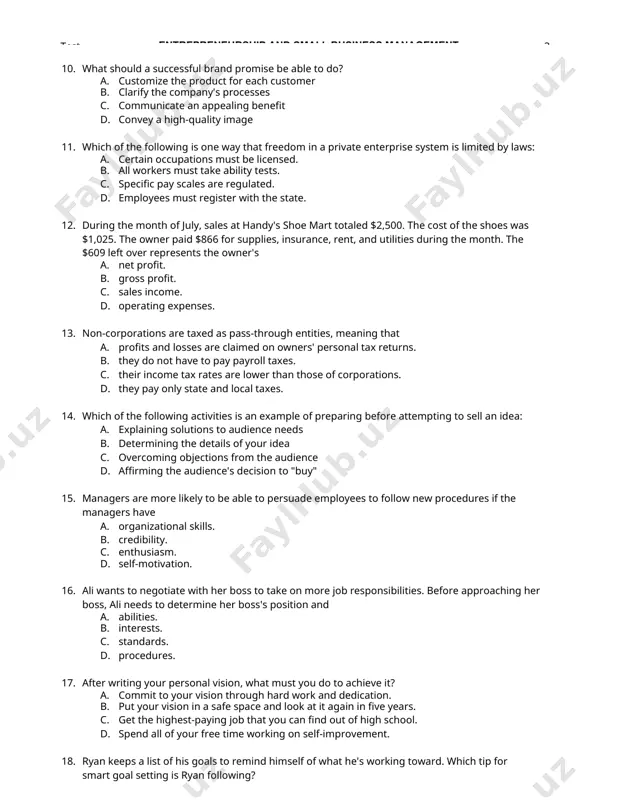 ing a community organization, such as the local chamber of commerce, an entrepreneur can network with others to a. evaluate personal skills and abilities. b. obtain selling experience. c. identify new venture opportunities. d. improve goods and services. 31. determine if the following statement is true or false: when developing an exit strategy for an entrepreneurial venture, the most important consideration is finding a suitable buyer. a. false, there are many factors to consider, such as company valuation and personal goals. b. true, if the buyer is inexperienced, the business risks monetary losses and long-term failure. c. false, the most important factor that an entrepreneur should consider is profitability. d. true, the valuation of a business is dependent on the buyer's financial resources. 32. which of the following is an example of an intangible asset: a. equipment b. inventory c. office building d. accounts receivable 33. which of the following …