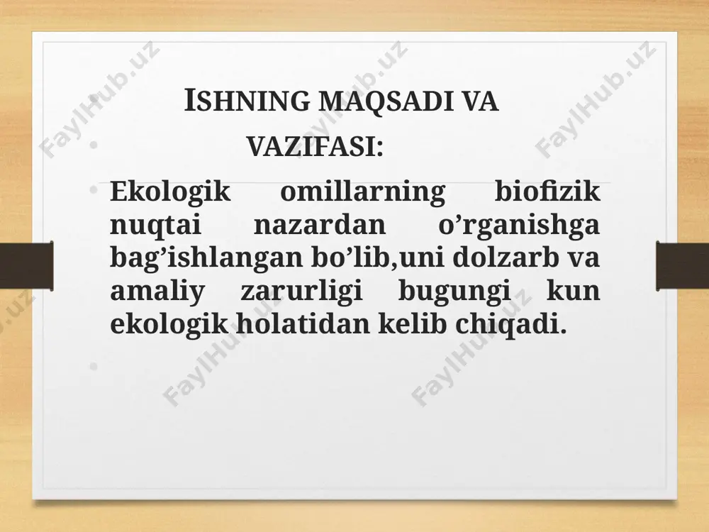 qti, to`laqonligi va asosiy «bahosi» hozirgi zamon ekologik iperativiga (hamma uchun albatta bajarilishi lozim bo`lgan qonun) muvofiq,hozirgi zamonning to`rtta asosiy masalasi yechimiga bog’liq: 1. bir qancha buzilgan ekosistemalarni tabiiy mahsuldorlik darajasigacha tiklash va tiklanganlarni saqlab qolish; 2. ta`minotni ratsionalizatsiyalash; 3. ishlab chiqarishni «ekologizatsiyalash»; 4. aholi sonini normalizatsiyalash turg’un taraqqiyot konsepsiyasining ba`zi bir parametlari o`zlarining doimiy qiymatlarini saqlab qolishini talab qiladi, ya`ni: 1) fizik konstantalar; 2) genofond; 3) hamma asosiy ekosistemalarni o`zining avvalgi yaratgan holatida qoldirish; 4) aholi salomatligi. shunday qilib, tabiiy muhit muhofazasixuddi salomatlikni saqlashdek konsepsiyaning tarkibiy qismi hisoblanadi. tabiat muhofazasining maqsadi ikki xil: 1) atrof-muhitning shunday sifat tomonlari mavjudki, ularning o`zgarmasligini ta`minlash zarur; 2) insonga zarur bo`lgan tabiiy resurslardan foydali o`simliklar, hayvonlarni uzluksiz hosildorligini muvozanat siklini saqlagan holda hosildorlikni olish va o`rnini to`ldirishni ta`minlash. xulosalar. 1. hozirgi kunda ekologik omillarni uch guruhga ajratib o`rganish dunyo mutaxassislari orasida keng tarqalgan: abiotik omillar – notirik tabiat omillari bo`lib, fizik tabiatga ega …