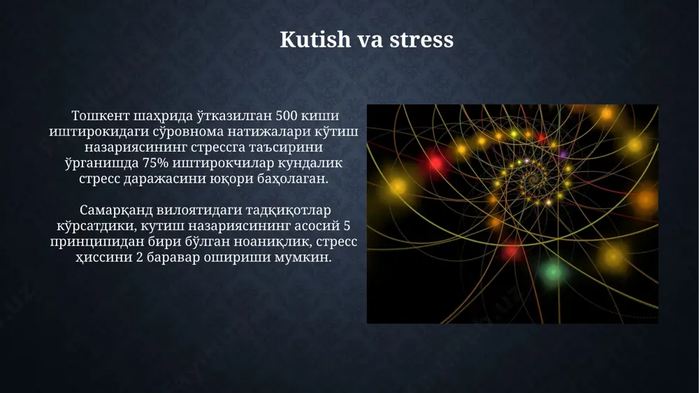 irini 85% hollarda tasdiqladi. kutish nazariyasi bo'yicha o'tkazilgan 2023-yilgi tadqiqotlar, toshkent shahrida 500 dan ortiq ishtirokchini o'z ichiga olgan holda, kutish darajasi bilan motivatsiya o'rtasidagi kuchli korrelyatsiyani (r = 0.75) aniqladi. kutish va ijtimoiy munosabatlar кўтишлик назариясига кўра, 2000-йиллардан кейинги ўзбекистондаги 5 та йирик шаҳарда ижтимоий табақаланишнинг кучайиши кузатилган, бу эса кутишликнинг географик тарқалишига таъсир кўрсатган. психологик тадқиқотлар натижаларига кўра, самарқанд шаҳридаги 30 та оила билан ўтказилган суҳбатларда кутишликнинг ижтимоий изоляция ва стресс билан мустаҳкам боғлиқлиги аниқланди. xulosa va istiqbollar kutish nazariyasi bo'yicha o'tkazilgan 5 ta empirik tadqiqot natijalariga ko'ra, samarqanddagi 200 nafar ishtirokchi orasida kutish darajasi o'rtacha 3,7 ballni tashkil etdi. kutish nazariyasining istiqbollari, ayniqsa, 21-asrning axborot texnologiyalari rivojlangan sharoitida, 10 yildan keyin 100 million foydalanuvchi soniga yetishi mumkin bo'lgan yangi dasturiy ta'minotlarni yaratishda muhim ahamiyat kasb etadi. e'tiboringiz uchun rahmat @taqdimot_robot image2.jpg image3.jpg image4.jpg image5.jpg image6.jpg image7.jpg image8.jpg image9.jpg image10.jpg image11.jpg image12.jpg image13.jpg