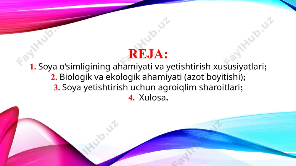 ishiga sabab bo‘ladi. urug‘lik ekish: soya urug‘i tuproq harorati 10–12°c ga yetganda ekiladi. ekish chuqurligi 3–5 sm, qator oralig‘i esa 45–60 sm atrofida bo‘lishi kerak. urug‘ni ekishdan oldin rizobakteriyalar bilan inokulyatsiya qilish (ya’ni urug‘ni foydali bakteriyalar bilan ishlov berish) nihollanish va o‘sishni tezlashtiradi. ekin almashinuvida: soya ekin almashinuvida muhim o‘rin egallaydi. uni g‘alla, makkajo‘xori, paxta va sabzavotlardan keyin ekish tavsiya etiladi. bu nafaqat hosildorlikni oshiradi, balki tuproqni azotga boyitadi. soya o‘simligini yetishtirish xususiyatlari parvarishlash: soya begona o‘tlarga nisbatan sezgir bo‘lib, ayniqsa dastlabki rivojlanish bosqichida begona o‘tlar bilan kurashish muhimdir. sug‘orish, yumshatish va o‘g‘itlash agrotexnikasi hosildorlikka bevosita ta’sir ko‘rsatadi. ayniqsa, gullash va don bog‘lash bosqichlarida namlik yetarli bo‘lishi kerak. kasallik va zararkunandalarga qarshi kurash: soya o‘simligi ba’zan ildiz chirishi, bakterial dog‘lar, virusli kasalliklar va zararkunandalar (masalan, soya kuya qurti) bilan zararlanishi mumkin. shuning uchun profilaktik chora-tadbirlar va sifatli urug‘lik tanlovi muhim ahamiyatga ega. hosil yig‘ish: soya pishib yetilgach, pastki barglar sarg‘ayib, …
