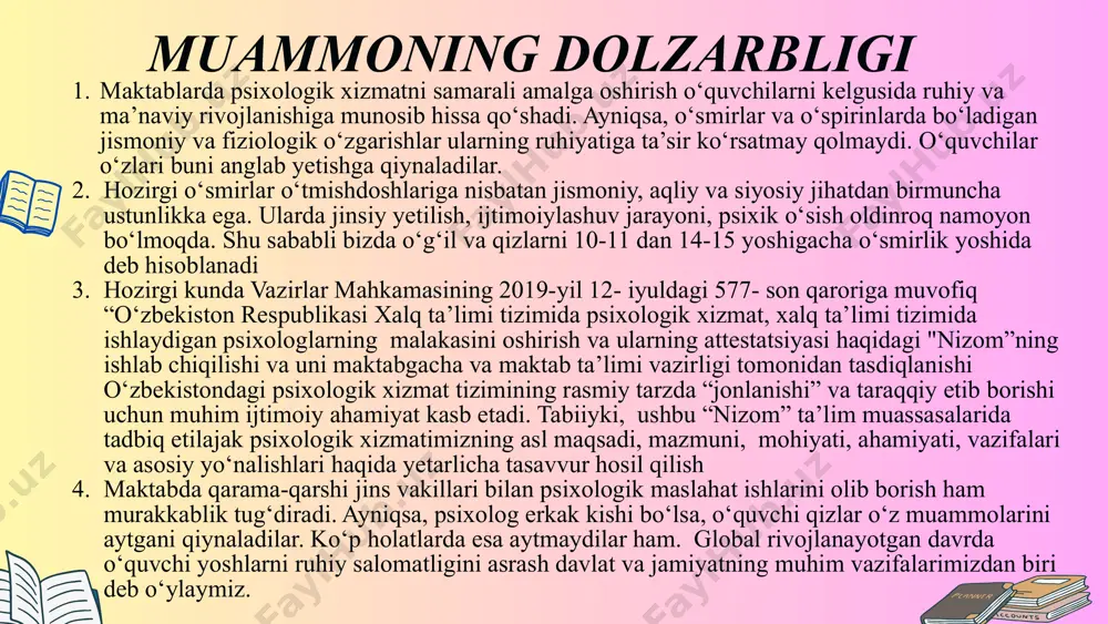 tning muhim vazifalarimizdan biri deb o‘ylaymiz. o‘quvchilarni u yoki bu kasbga yo‘naltirishdagi o‘ziga xos individual psixologik xususiyatlarini va qiziqishlarini aniqlashda, ularni o‘z-o‘zini anglashlarida, o‘quv jarayoni,o‘quvchilar jamoasi, o‘quvchi-o‘qituvchi faoliyati bilan bog‘liq barcha muammolarni bartaraf etish yo‘llarini izlashdagi psixolog –olimlarning bugungi yutuqlari haqida yetarli dalillar mavjud. masalan, i.v.dubrovina tadqiqotlarida maktabda psixologik xizmatni tashkil etishdagi nazariy va amaliy jihatlarning asoslanishi, l.i.bojovichning o‘quvchi shaxsi va uning maktab yoshidagi shakllanish bosqichlarini psixologik tasniflovchi empirik ma’lumotlari, e.g‘.g‘oziyevning ta’lim muassasalaridagi psixologik xizmat vazifalarini qayd etishga bag‘ishlangan ko‘rsatmalar ilmiy-amaliy fikr mulohazalari, xalq ta’limi tizimida psixologik xizmatning joriy etilishi bilan bog‘liq yangiliklar, muammolar va yеchimlarga bag‘ishlangan fikr-mulohazalari, tadqiqot natijalari, o‘zbekistondagi iqtidorli va iste’dodli bolalarni tanlash va tarbiyalashga qaratilgan qator nazariy-ilmiy va amaliy-uslubiy asarlari shular jumlasidandir. mavzuga oid adabiyotlar tahlili 2.maktabda o`quvchi ruhiyatini psixologik tahlil etish. 1.zamonaviy ta’lim tizimimizda ta’lim sifatini yanada rivojlantiirishda maktab amaliyotchi psixologlarining o‘rnini yanada oshirish. maqsad 3.maktablarda psixologik faoliyatni to‘g‘ri yo‘lga qo‘yish bo‘yicha taklif va tavsiyalar …